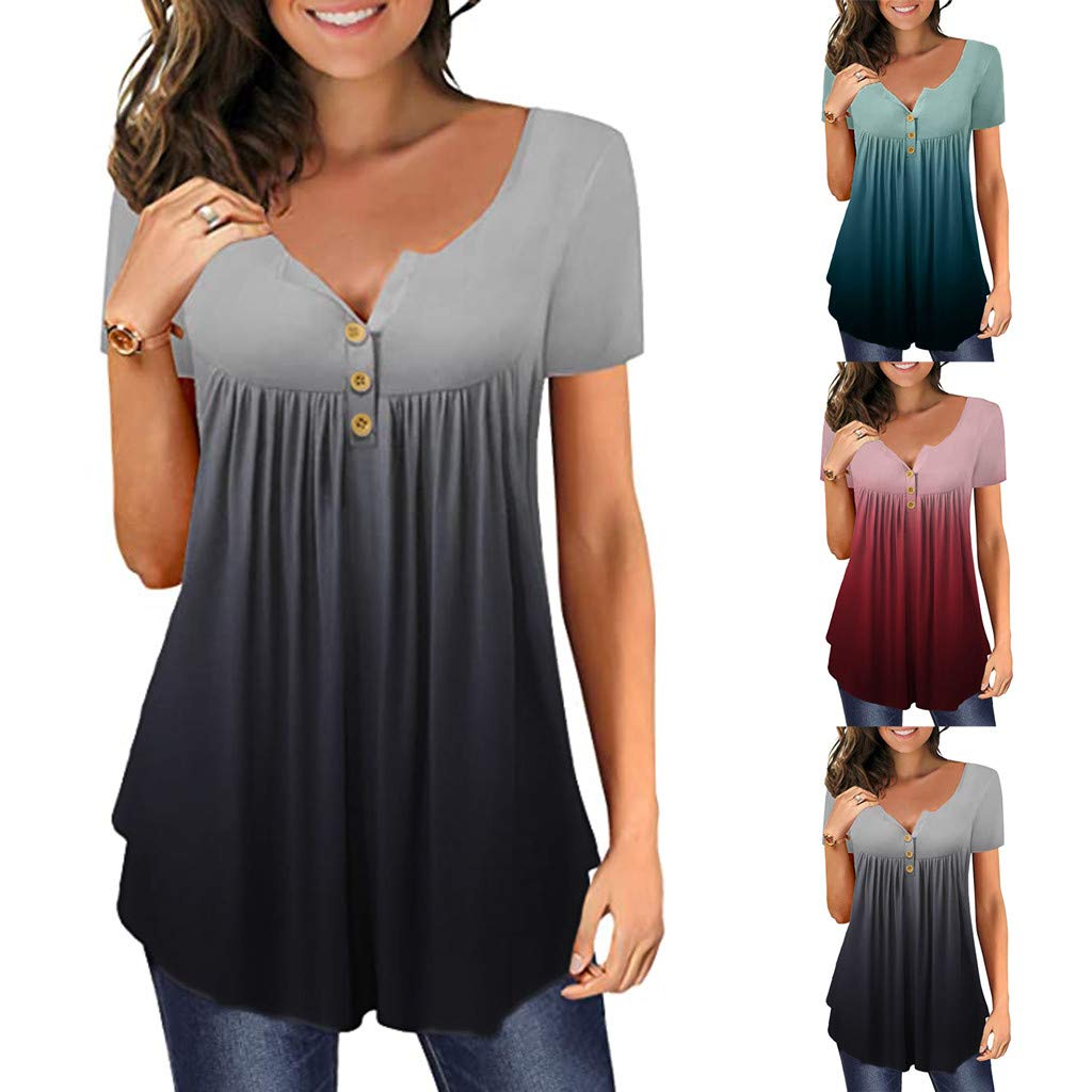Fangren Women's Plus Size Summer Tops - Gradient V-Neck Short Sleeve Loose Casual T-Shirt & Comfy Button Pullover Tank Top | Perfect for Beach, Vacation & Everyday Wear