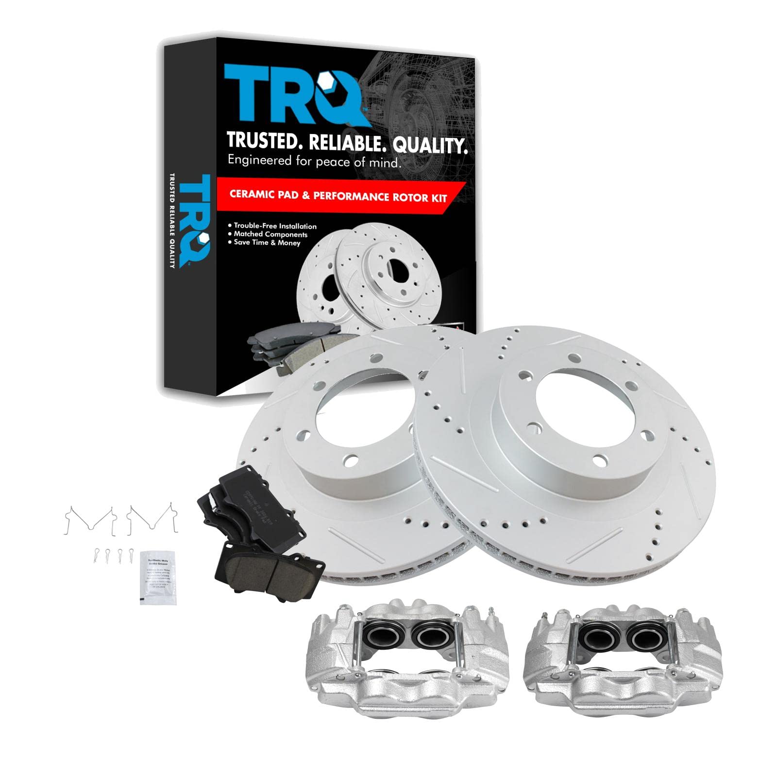 TRQ Premium Ceramic Front Brake Pad & Rotor Kit with Vented G-Coated Rotors - Compatible with 2003-2009 Toyota 4Runner - Enhanced Stopping Power for Off-Roading, Towing & Daily Driving