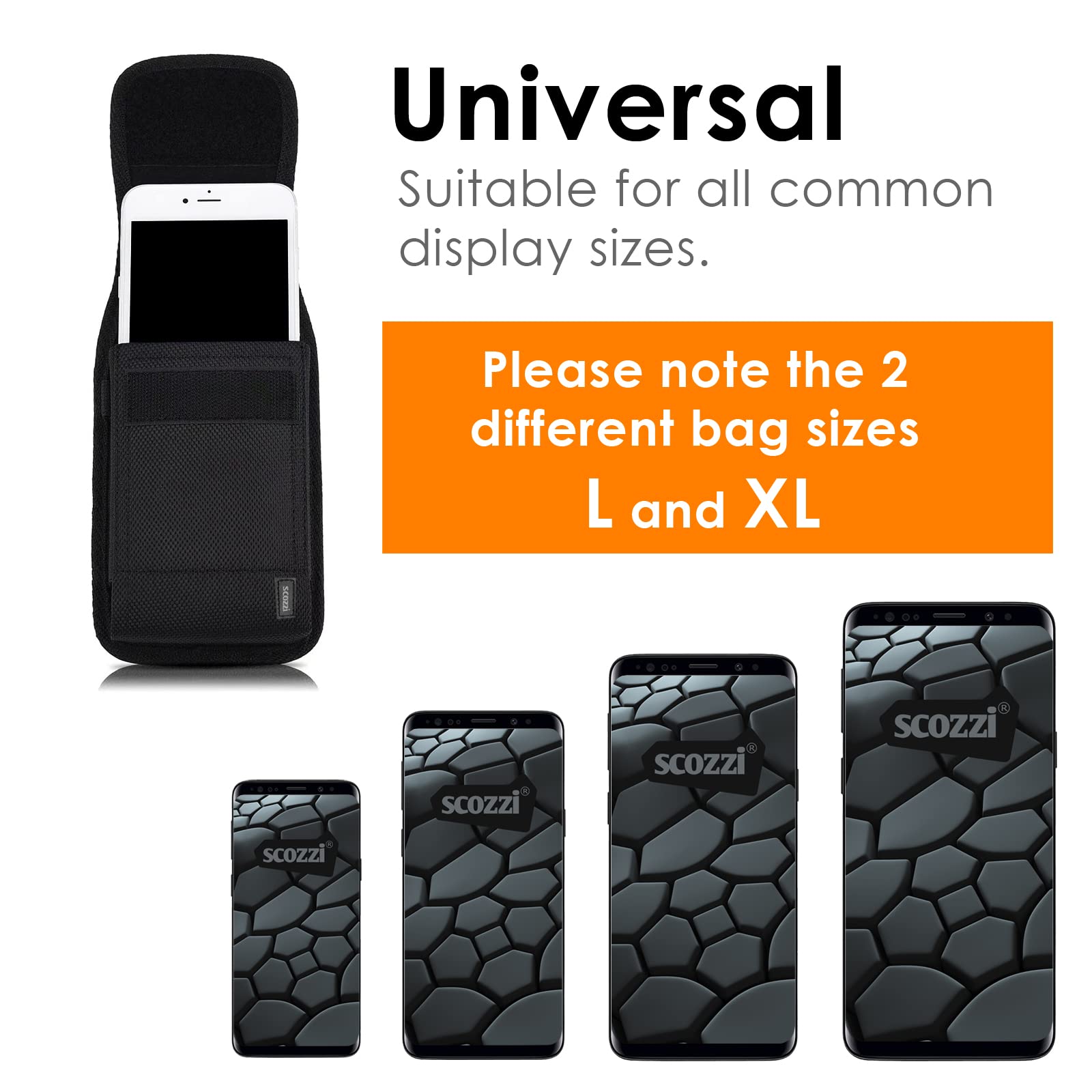 Scozzi XL Belt Case - Vertical & Horizontal Phone Holster Pouch for Samsung Galaxy S24/S23/S22/A55/A54/A35 & iPhone 15/14/13/12/11/XR/Plus/Pro/Max - Perfect for Workout, Hiking, Construction & Outdoor Activities