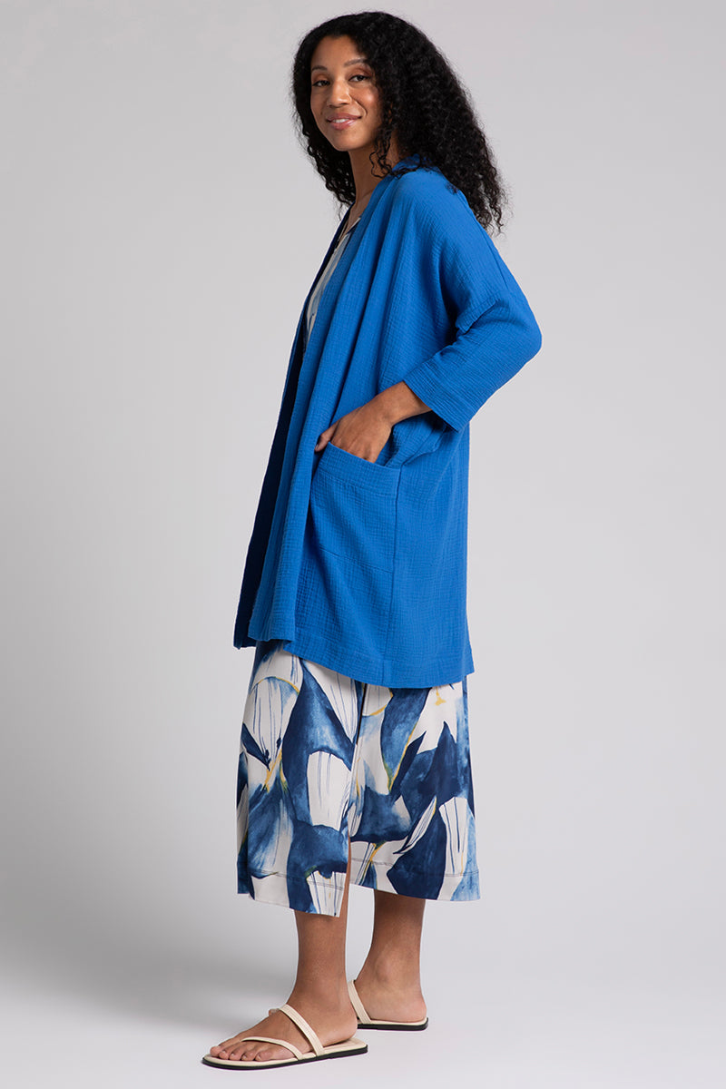 Lightweight Cotton Gauze Long Cardigan for Women - Navy Blue | Boho Chic Open Front Cover Up for Spring & Summer | Beach Cover Up, Vacation Outfit, Casual Loungewear