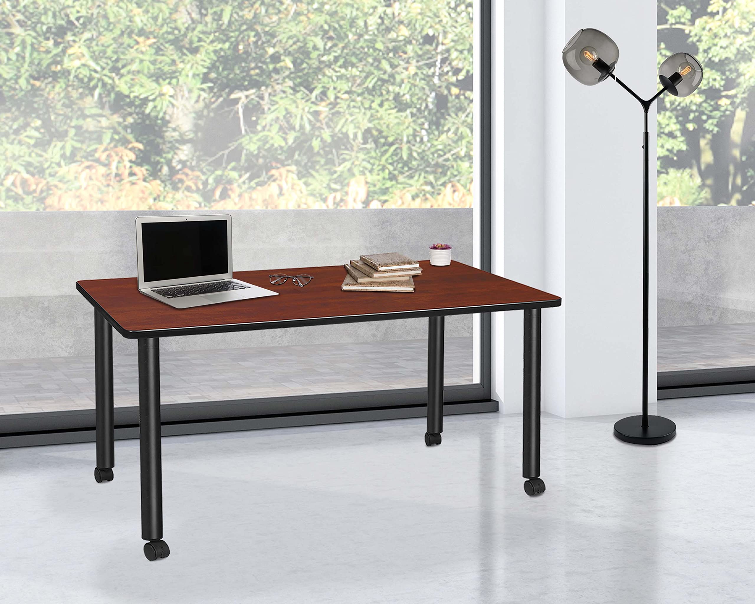 Regency Kee Mobile Desk Table - 66 Inch Cherry Wood Adjustable Rolling Laptop Desk for Home Office, Study, and Dorm Room Use