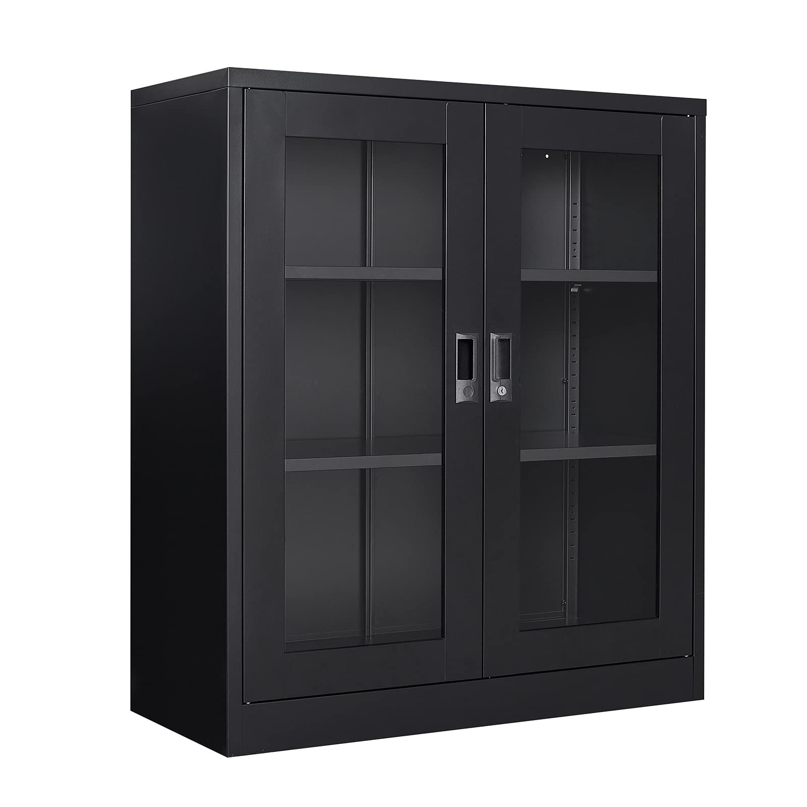 Metal Storage Cabinet with Glass Doors - Adjustable Shelves & Lockable Display for Home, Living Room, Hallway | Modern Sideboard & Bookcase for Collectibles, China, Decor