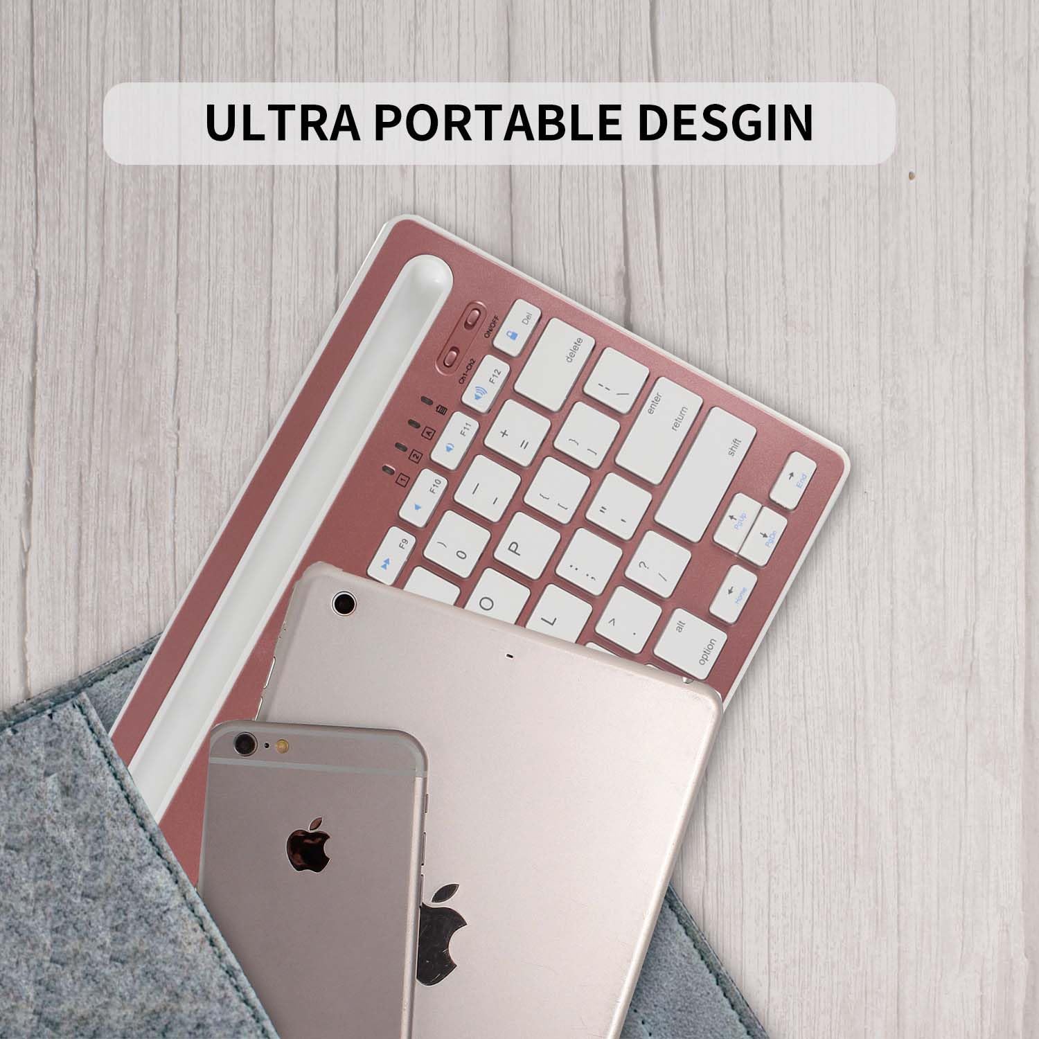 Multi-Device Bluetooth Keyboard - Wireless Rechargeable Keyboard for iPad, Tablet, Smartphone, MacBook (Android/iOS/Windows Compatible) with Stand Holder - Rose Pink | Perfect for Home Office, Travel & Remote Work