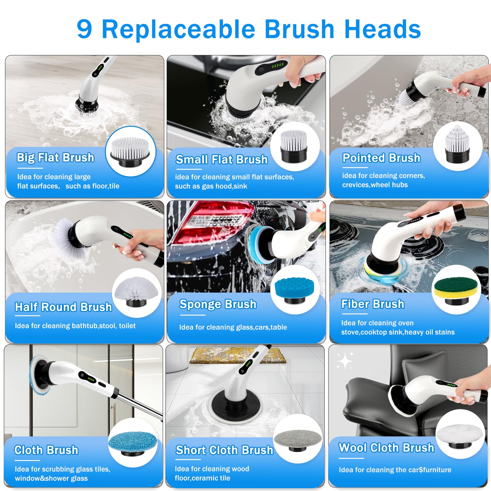 Electric Spin Scrubber - Cordless Cleaning Brush with 9 Replaceable Heads & 2 Speed Settings | Adjustable Handle for Bathroom, Kitchen, Tile, Grout | Perfect for Shower Cleaning, Sink Scrubbing, Bathtub Maintenance