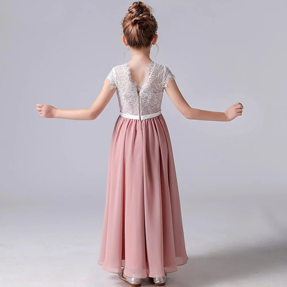 Lace Chiffon Junior Bridesmaid Dress with Short Sleeves - Girls Party Gown for Weddings, Prom, Formal Events & Special Occasions