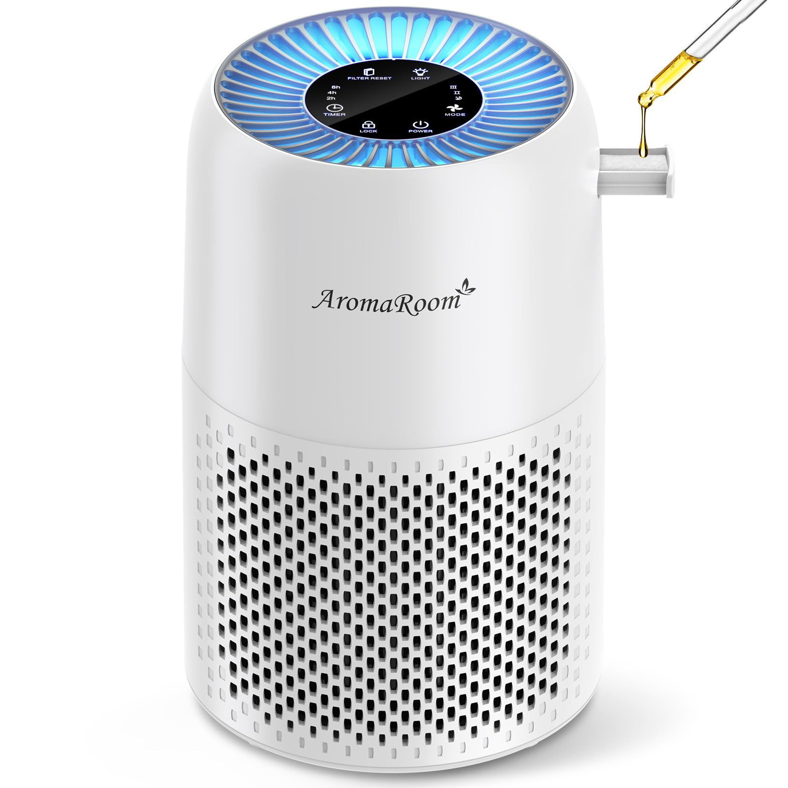 AromaRoom AP100-A H13 True HEPA Air Purifier for Home & Bedroom - Portable Air Cleaner for Smoke, Allergies, Pet Dander, Dust & Odors - Includes Fragrance Sponge & RGB Night Light (White) - Perfect for Bedrooms, Offices & Nurseries