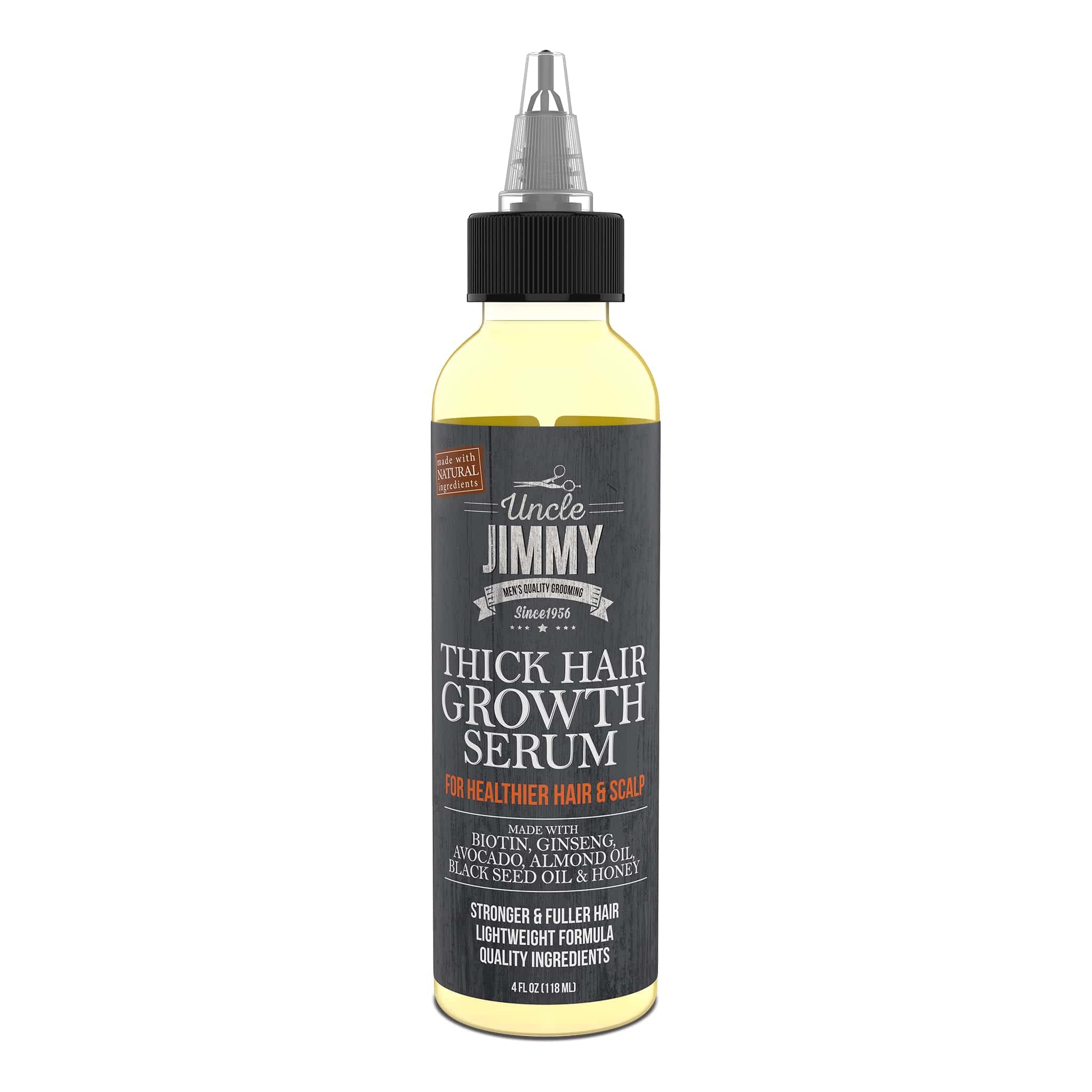 Uncle Jimmy Thick Hair Growth Serum - Natural Hair Loss Treatment for Men & Women | Promotes Thicker, Stronger Hair Growth | 4 Fl Oz Bottle | Perfect for Daily Scalp Care & Thinning Hair Solutions
