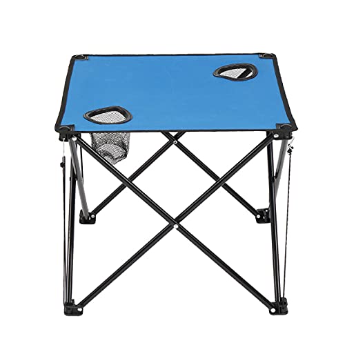 Portable Folding Camping Table with Carrying Bag - Lightweight Oxford Cloth & Steel Frame Picnic Table with 2 Mesh Cup Holders - Compact Outdoor Side Table for Camping, Beach, Fishing, Hiking, Picnics & Backyard BBQs (Blue) - Perfect for Outdoor Adventures & Family Gatherings