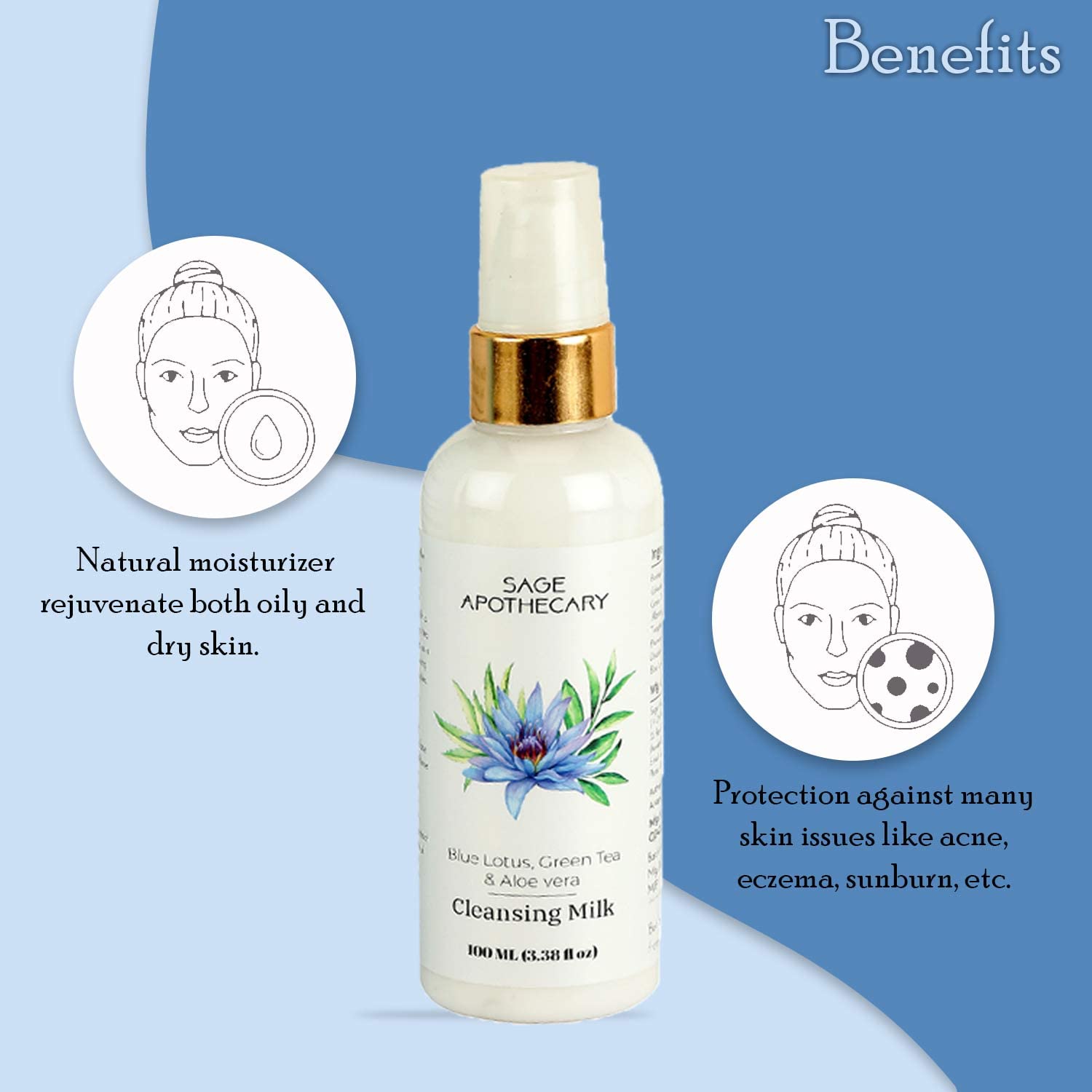**Sage Apothecary Blue Lotus, Green Tea & Aloe Vera Cleansing Milk – Deep Pore Cleanser for Soft Skin, Makeup & Impurity Removal | 100ML Face Wash for Refreshed, Energized & Glowing Skin | Perfect for Daily Skincare & Post-Makeup Cleansing**