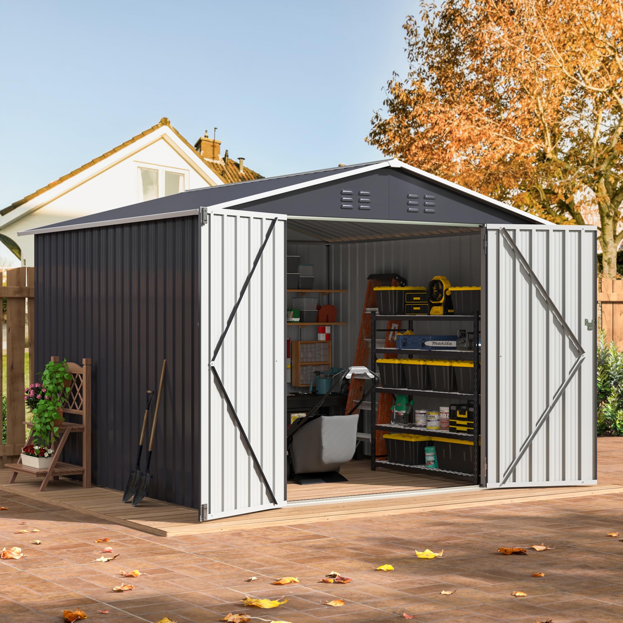 WKM 8x8 FT Heavy Duty Outdoor Storage Shed | Lockable Metal Tool Shed with Reinforced Frame | Large Black Garden Shed for Backyard, Patio & Lawn | Perfect for Storing Lawn Mowers, Gardening Tools & Outdoor Equipment