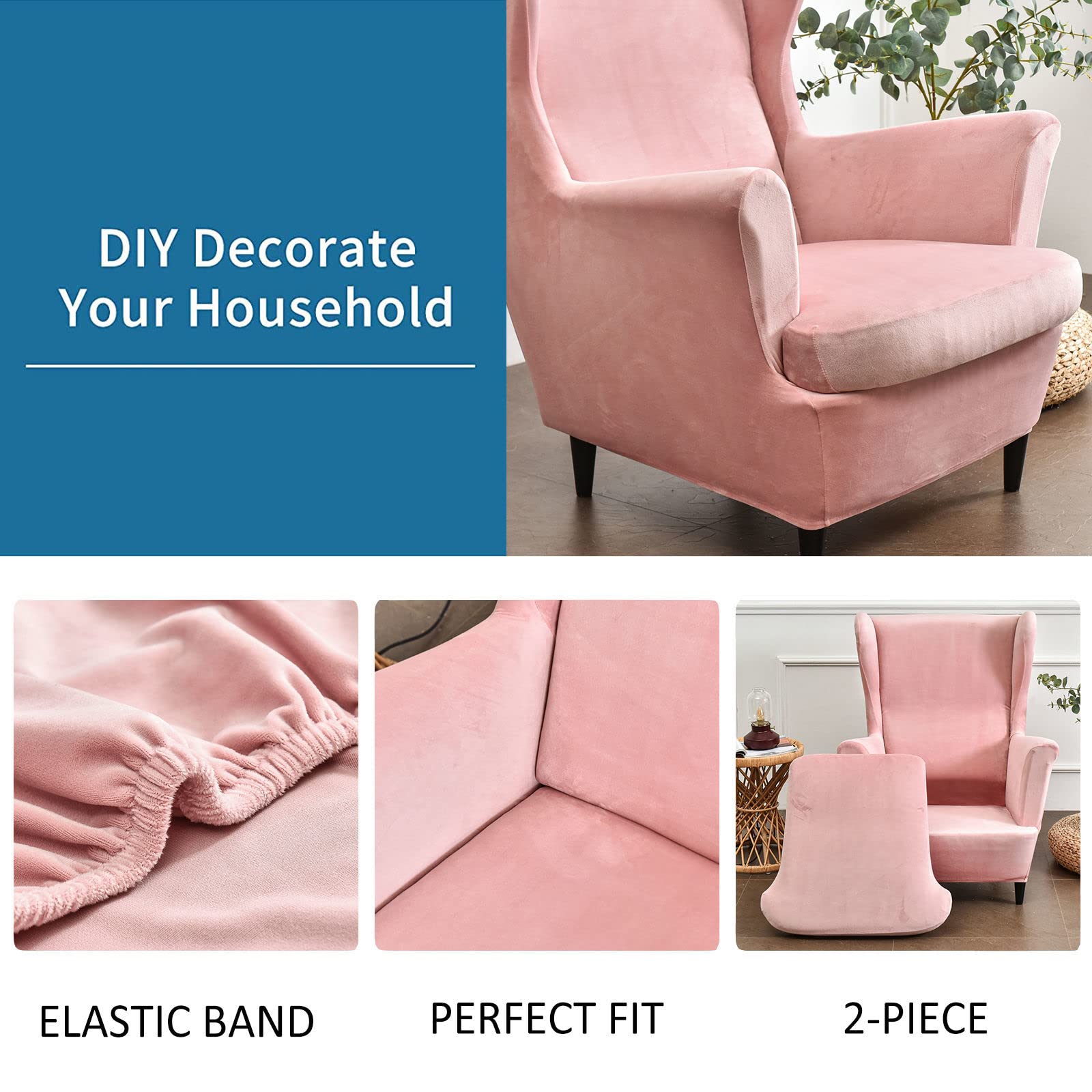 Velvet Stretch Wing Chair Slipcover - 2 Piece Wingback Chair Cover with Elastic Bottom, Soft Armchair Protector for Living Room, Bedroom, Office - Pink Wing Chair Slipcover for Home Decor & Comfort