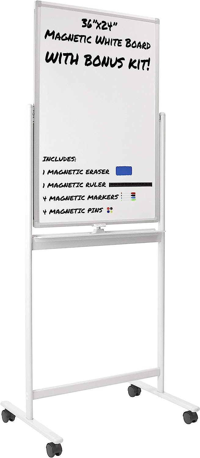 Mount-It! 36x24 Inches Mobile Dry Erase Whiteboard - Double-Sided Magnetic Whiteboard with Locking Casters, Wall Mountable Easel for Office, Classroom & Home Use - Rolling White Board with Stand for Presentations & Teaching