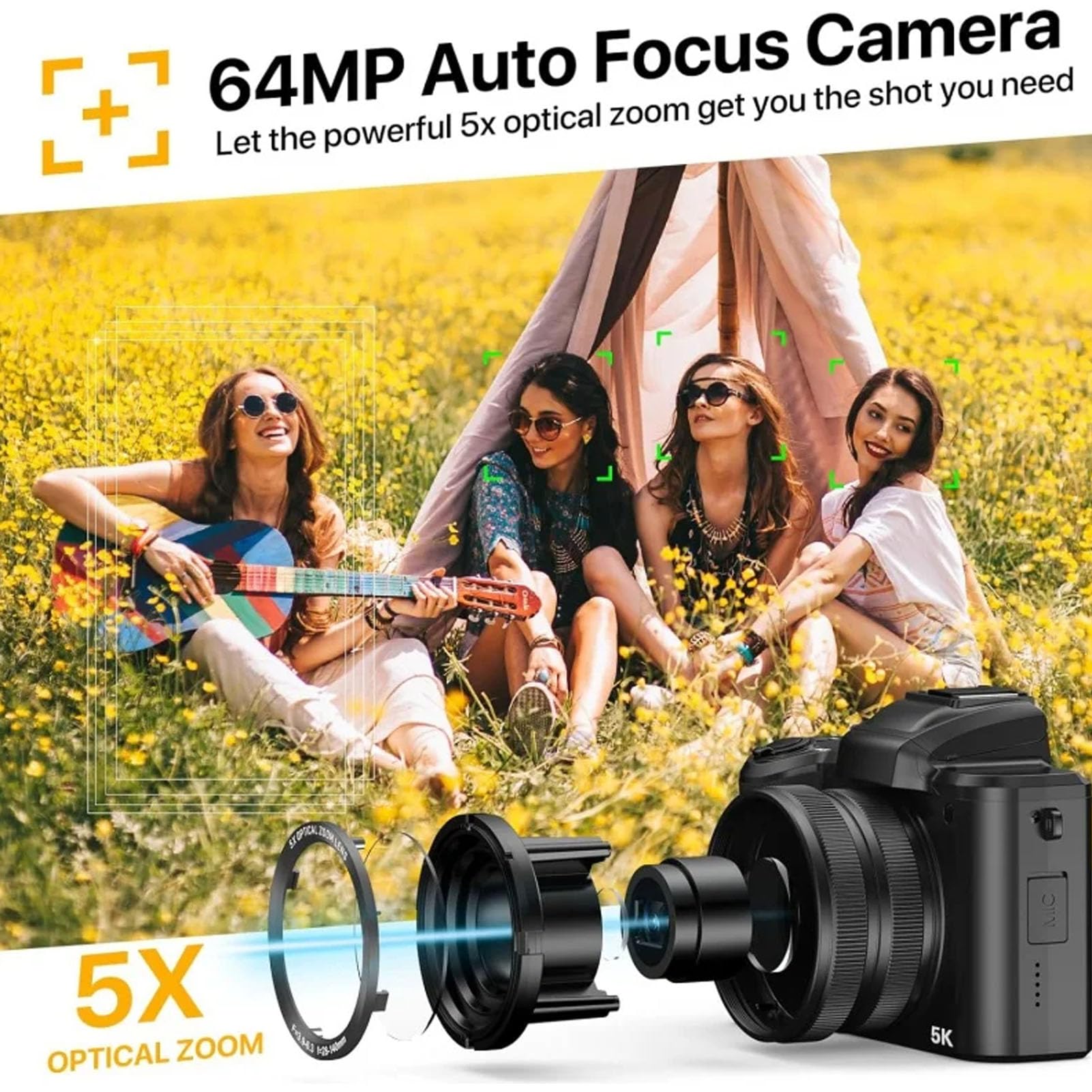 5K 64MP Vlogging Camera with 5X Zoom & Stabilization - Perfect for Travel & YouTube Videos