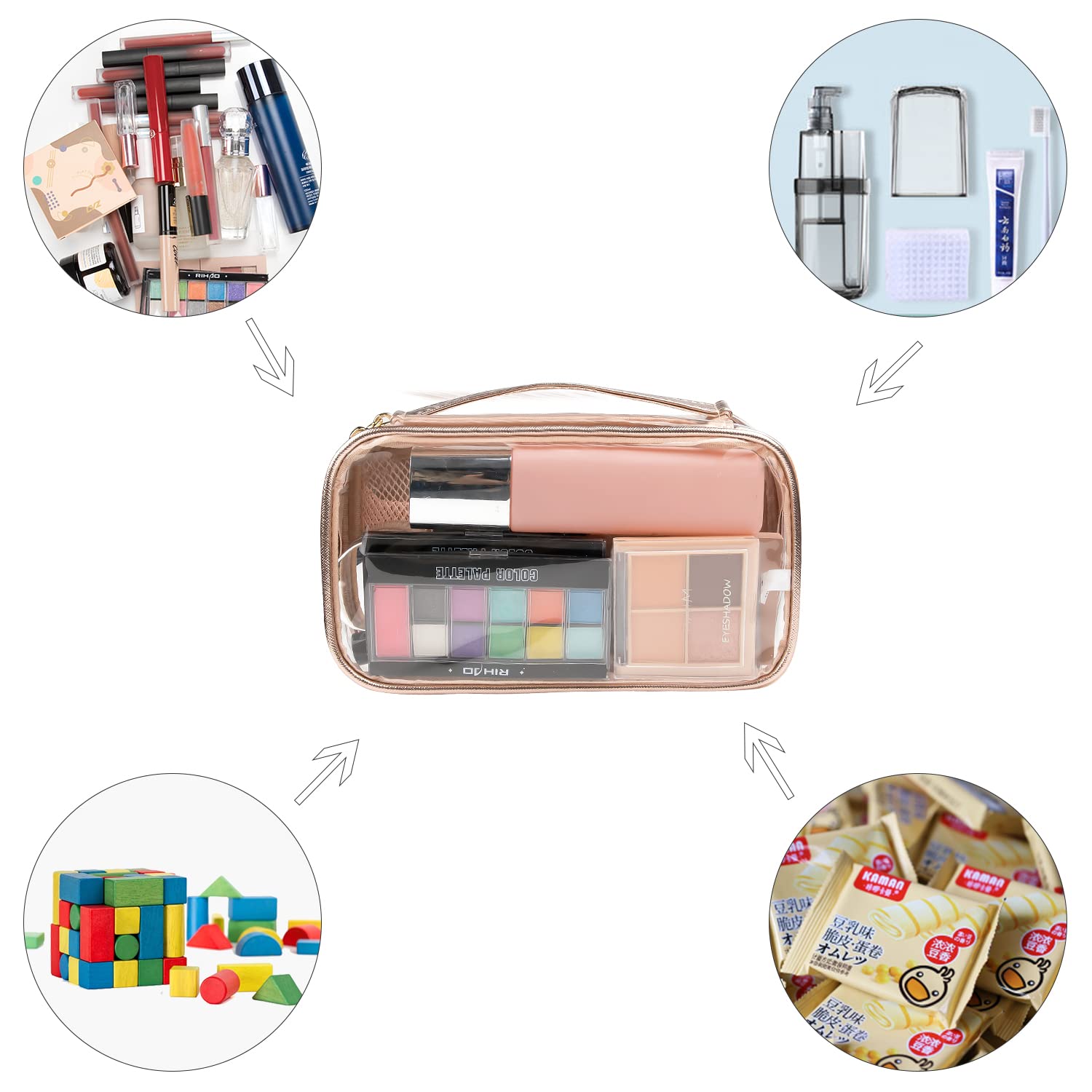 OCHEAL Clear Makeup Bag with Brush Compartment - Portable Travel Cosmetic Organizer for Women & Girls | Waterproof Makeup Pouch for Gym, Vacation & Daily Use (Rose Gold)