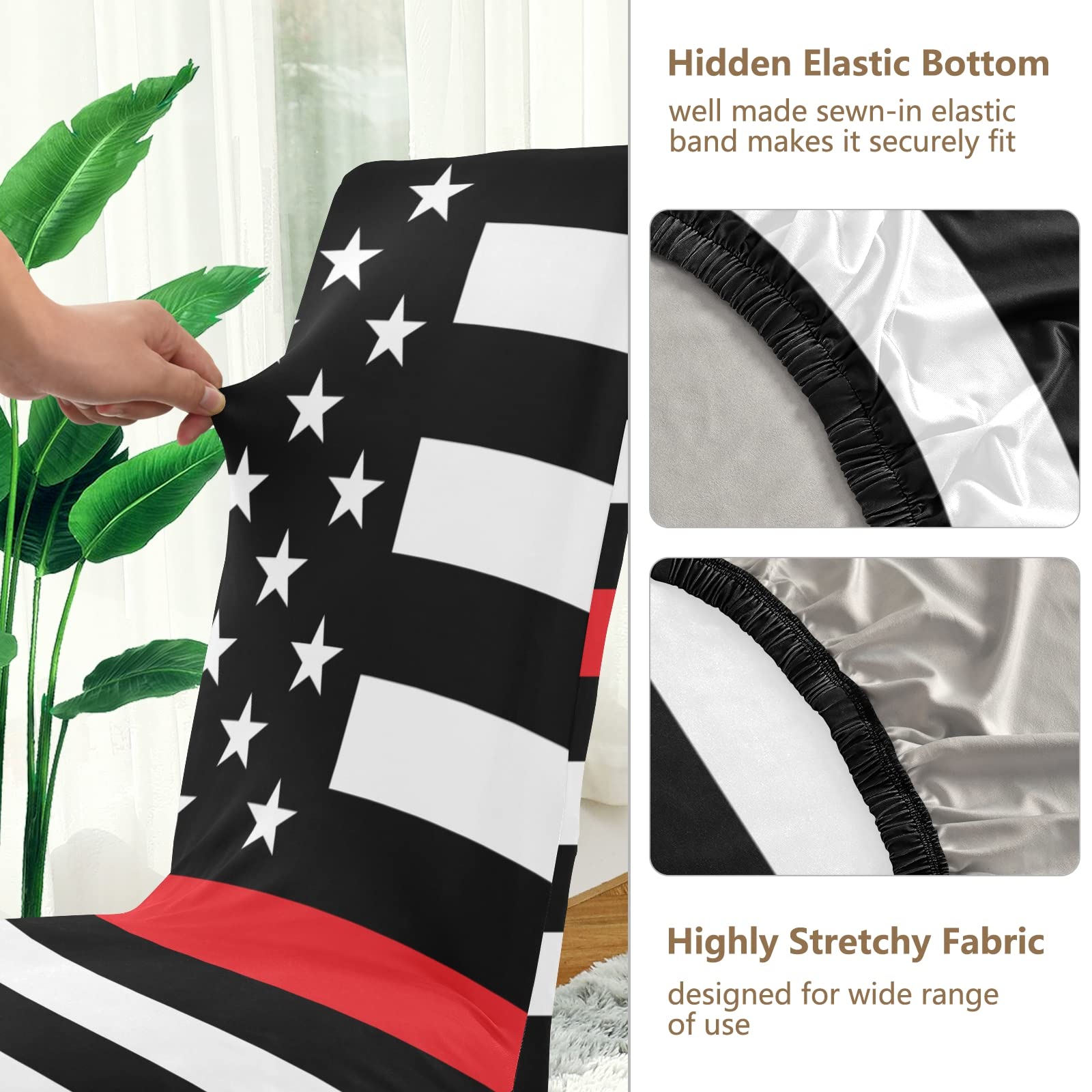 American Flag Firefighter Support Chair Covers Set of 4 - Washable Stretch Slipcovers for Dining Chairs - Patriotic Seat Covers for Kitchen, Office, Wedding & Home Decor