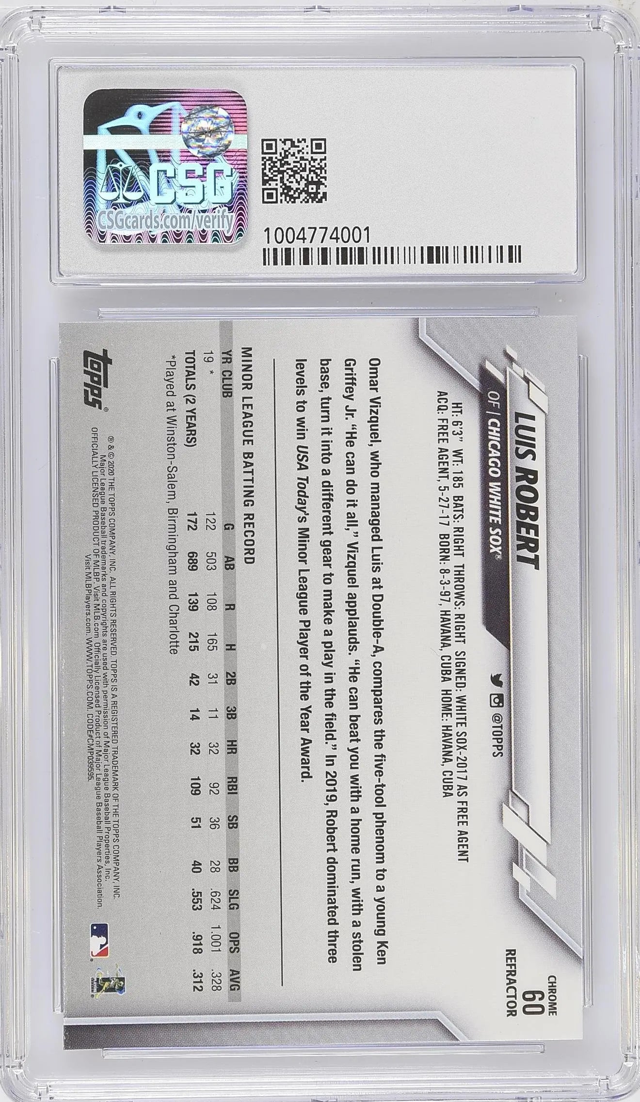 2020 Topps Chrome Baseball Luis Robert RC Rookie Refractor Card #60 - CSG 9.5 Gem Mint - Perfect for Sports Collectors & Baseball Card Investors