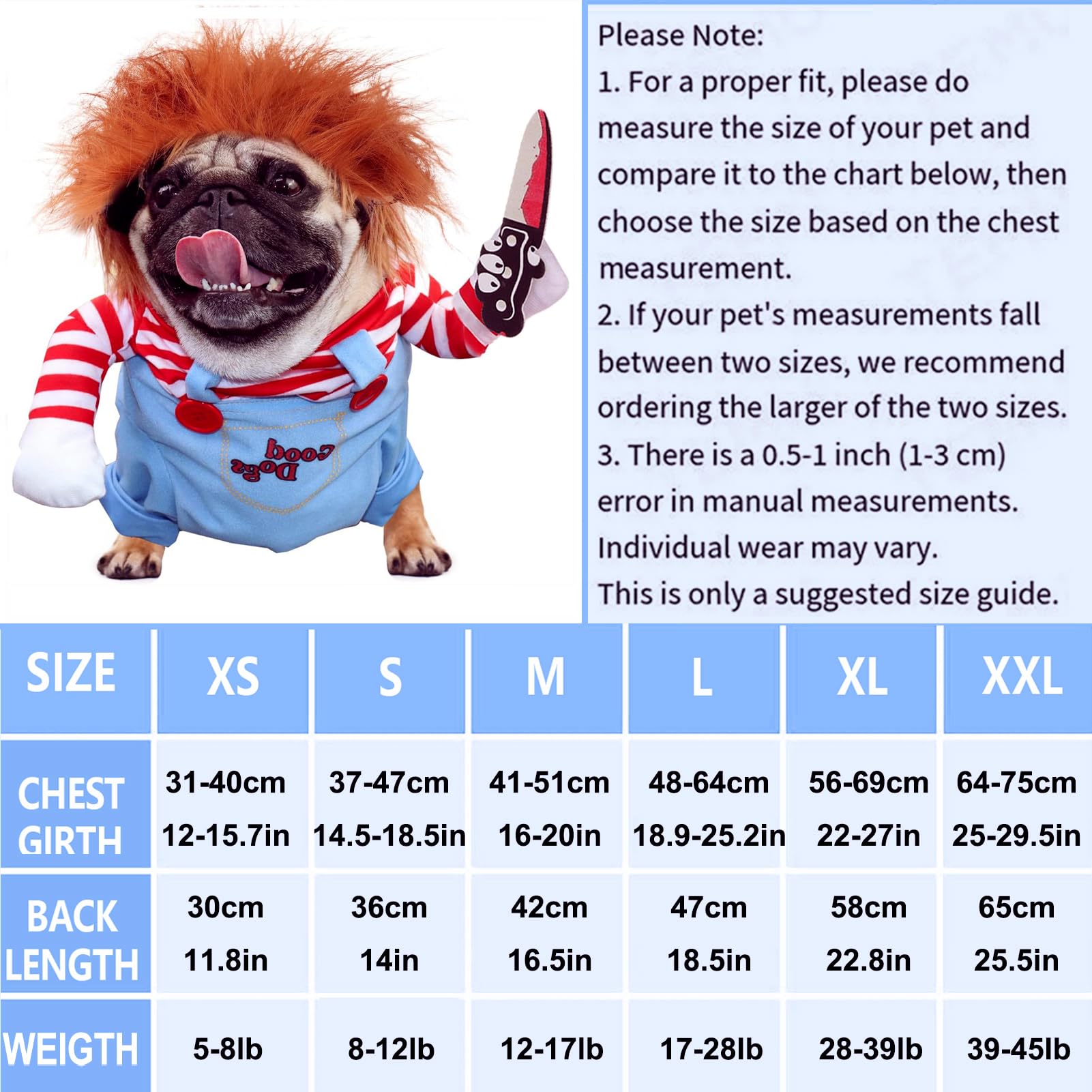 Chucky Dog Halloween Costume with Knife - Scary Pet Costume for Small Dogs (XS) | Funny Halloween Outfit for Pets, Perfect for Halloween Parties & Trick or Treat