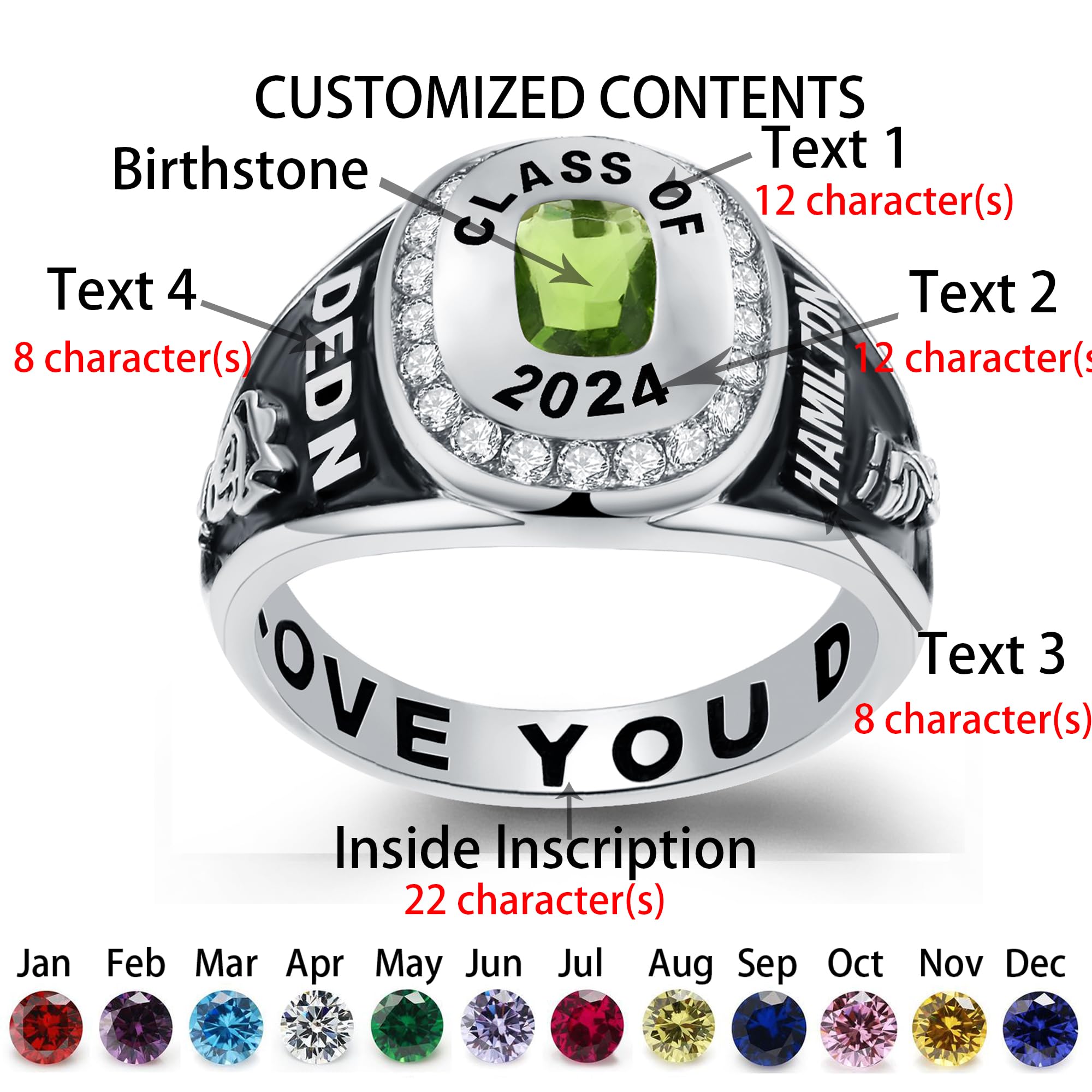 Personalized Graduation Class Rings for Women - Custom Engraved Birthstone High School & College Rings in Rose Gold Plated (Size 5-15) - Perfect for Commencement Ceremonies, Alumni Gifts & Special Occasions