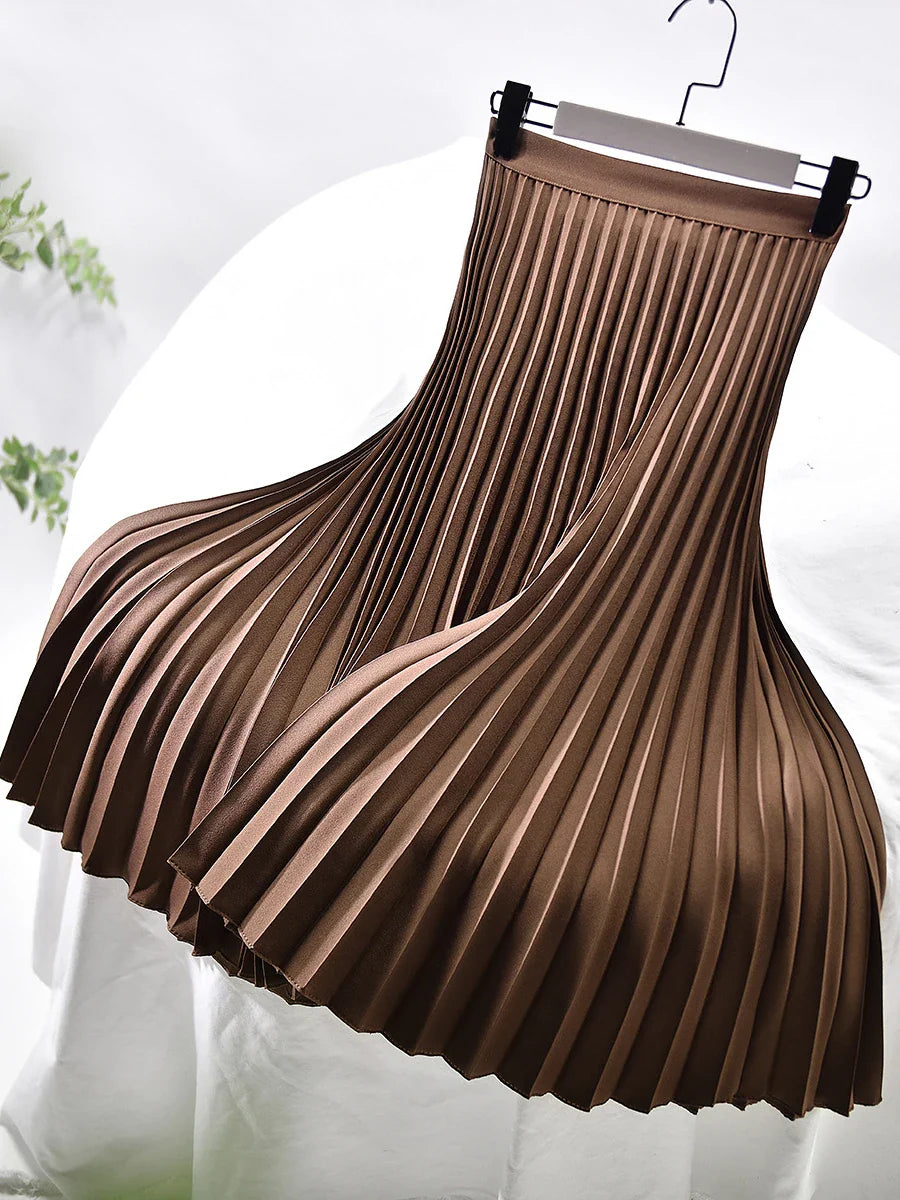 Brand Designer Women's High Waist Pleated Skirt - Elegant Solid Color A-Line Skirt with Elastic Waistband for Spring & Autumn | Office Wear, Party Outfits, Casual Chic Fashion