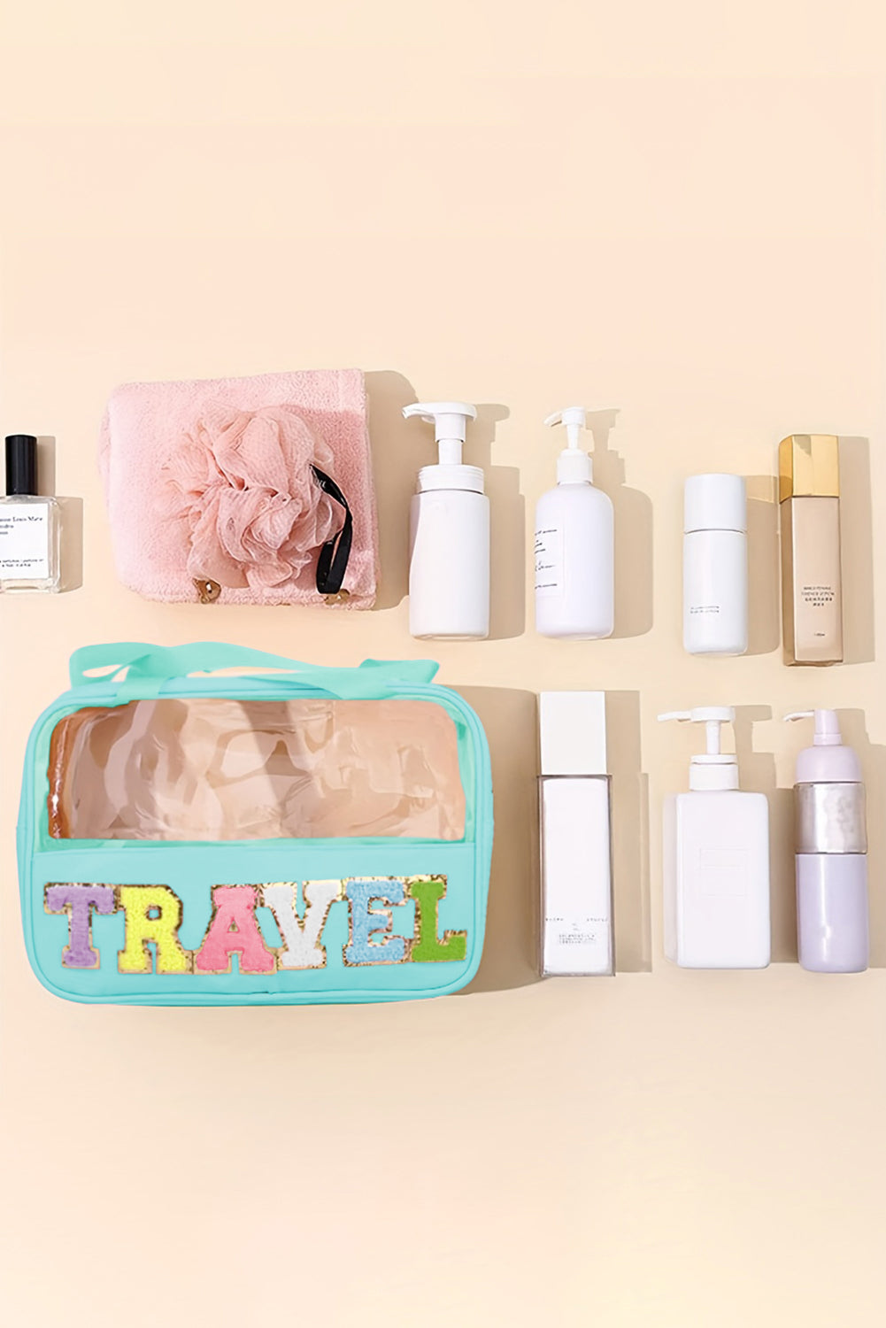Stylish Chenille Letter Clear PVC Makeup Bag for Travel - Perfect Cosmetic Organizer for Vacation, Gym & Daily Essentials