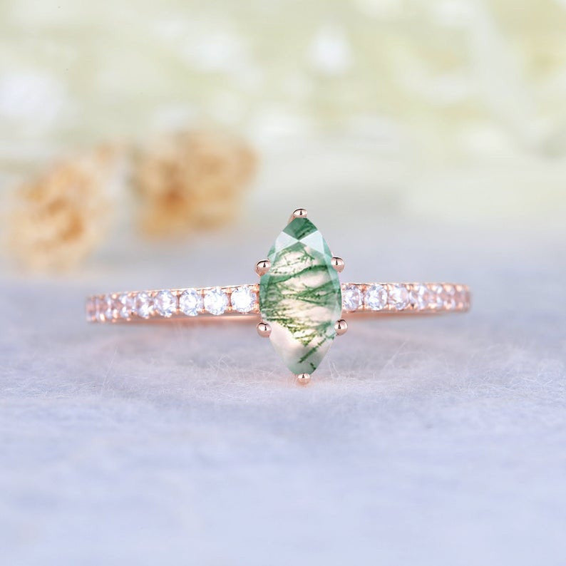 Exquisite Marquise Cut Moss Agate & Diamond Wedding Ring for Women – Elegant Engagement Ring for Brides, Anniversaries & Special Occasions