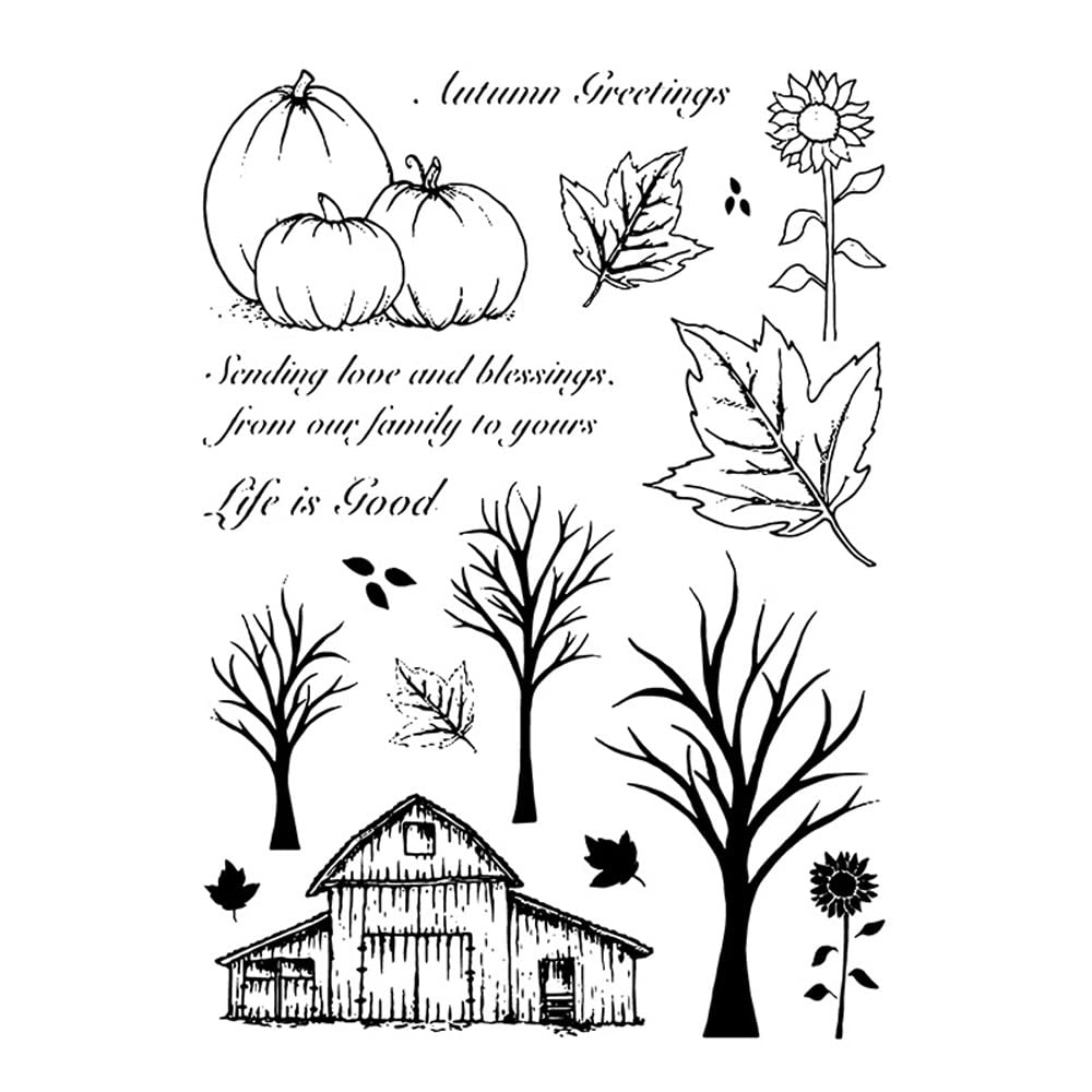 4.3×6.3 Inch Fall Pumpkin Wooden House Clear Stamps - Tree Leaves Sunflower Silicone Stamps for Scrapbooking, Card Making, Thanksgiving, Christmas & Birthday Crafts - Perfect for DIY Greeting Cards, Journals, and Home Decor Projects
