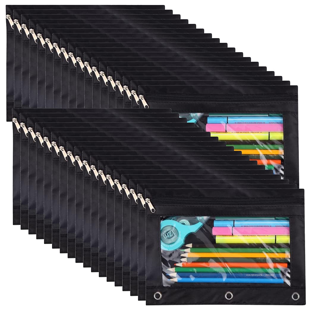 YoeeJob 36 Pack Black Zipper Pencil Pouch with Clear Window for 3 Ring Binder - School & Office Organization for Pens, Markers, and Supplies - Perfect for Students, Teachers, and Professionals