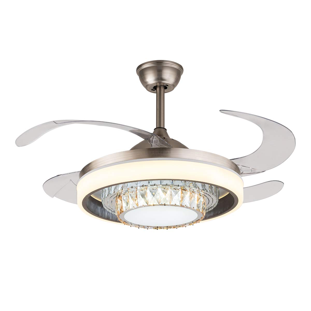 42 Inch Crystal Ceiling Fan with Light - Remote Control, Adjustable Height, 4 Retractable Blades & Acrylic Shade - 3-Color Dimmable LED Chandelier for Bedroom, Living Room, Office (White) - Perfect for Cooling & Decorating Modern Spaces