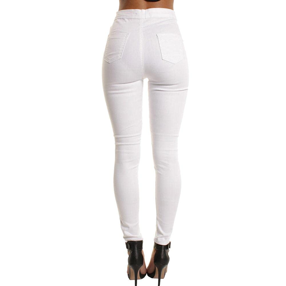 Women's High Waist Stretch Jeans Leggings - Skinny Fit Elastic Denim Pants with Zipper Details & Distressed Holes - Casual Slim Solid White Trousers for Daily Wear | Perfect for Work, Date Night & Weekend Outfits