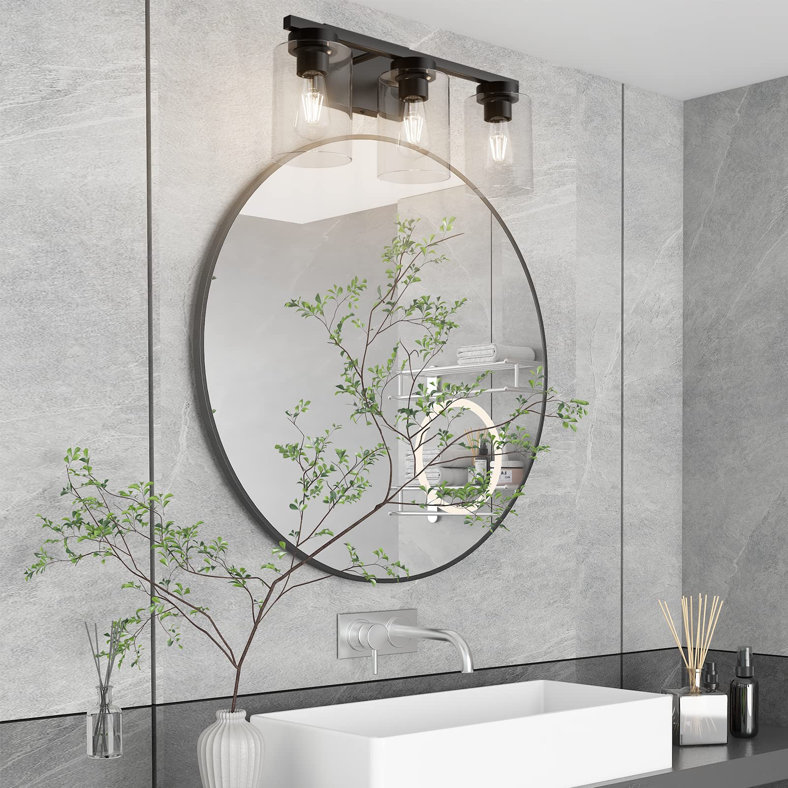 Tipace 3-Light Vintage Black Bathroom Vanity Lighting Fixture with Clear Glass Shades - Farmhouse Style Sconce for Bathroom Mirror, Powder Room & Dressing Area (Bulbs Not Included)