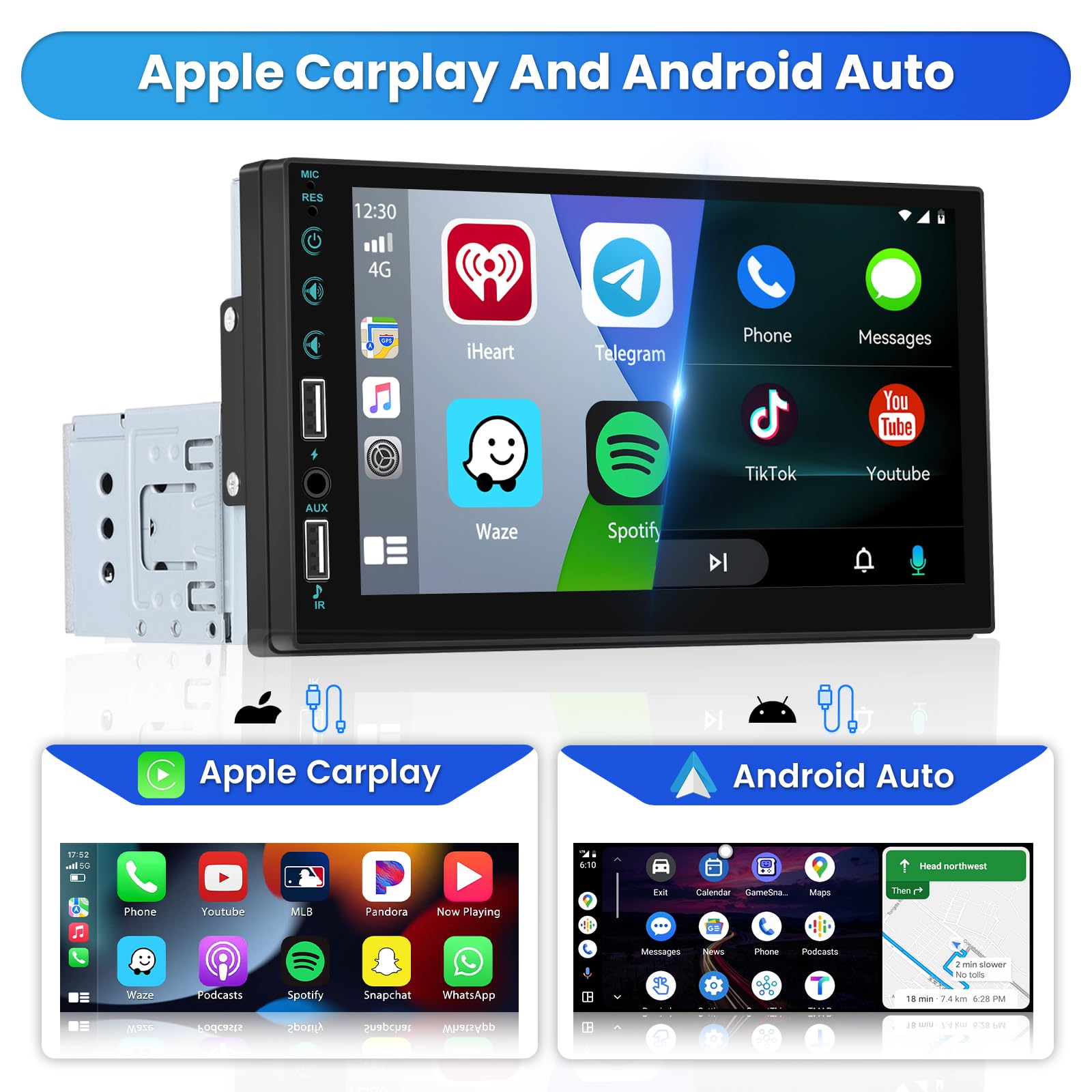 Hikity 7 Inch Single Din Car Stereo with Apple CarPlay & Android Auto - Bluetooth Touch Screen Car Radio with Mirror Link, FM, Dual USB/AUX, SWC & Backup Camera - Perfect for Road Trips, Commuting & Hands-Free Driving