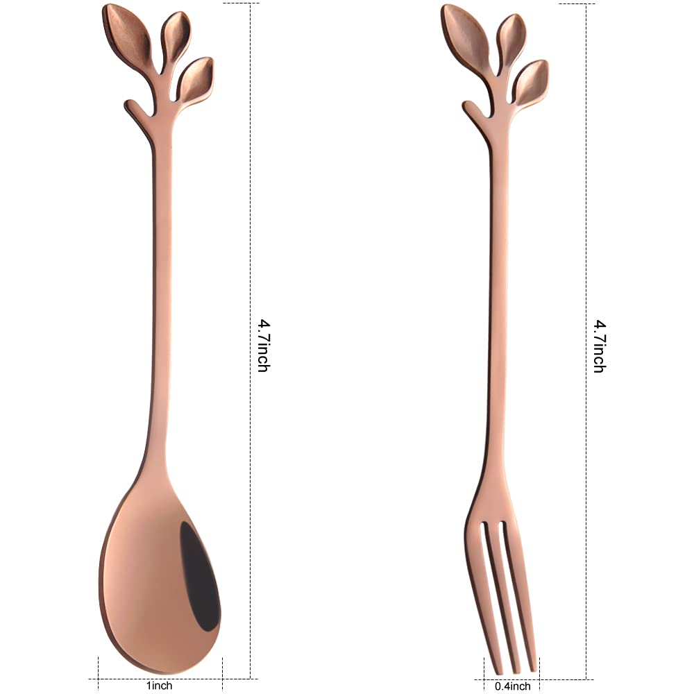 AnSaw 4.7-Inch Gold Small Swan Base Coffee Spoon & Fruit Fork Set - Rose Gold Leaf Handle, 4-Piece Spoon & 4-Piece Fork Set for Tea Party, Dessert, Wedding, and Home Decor