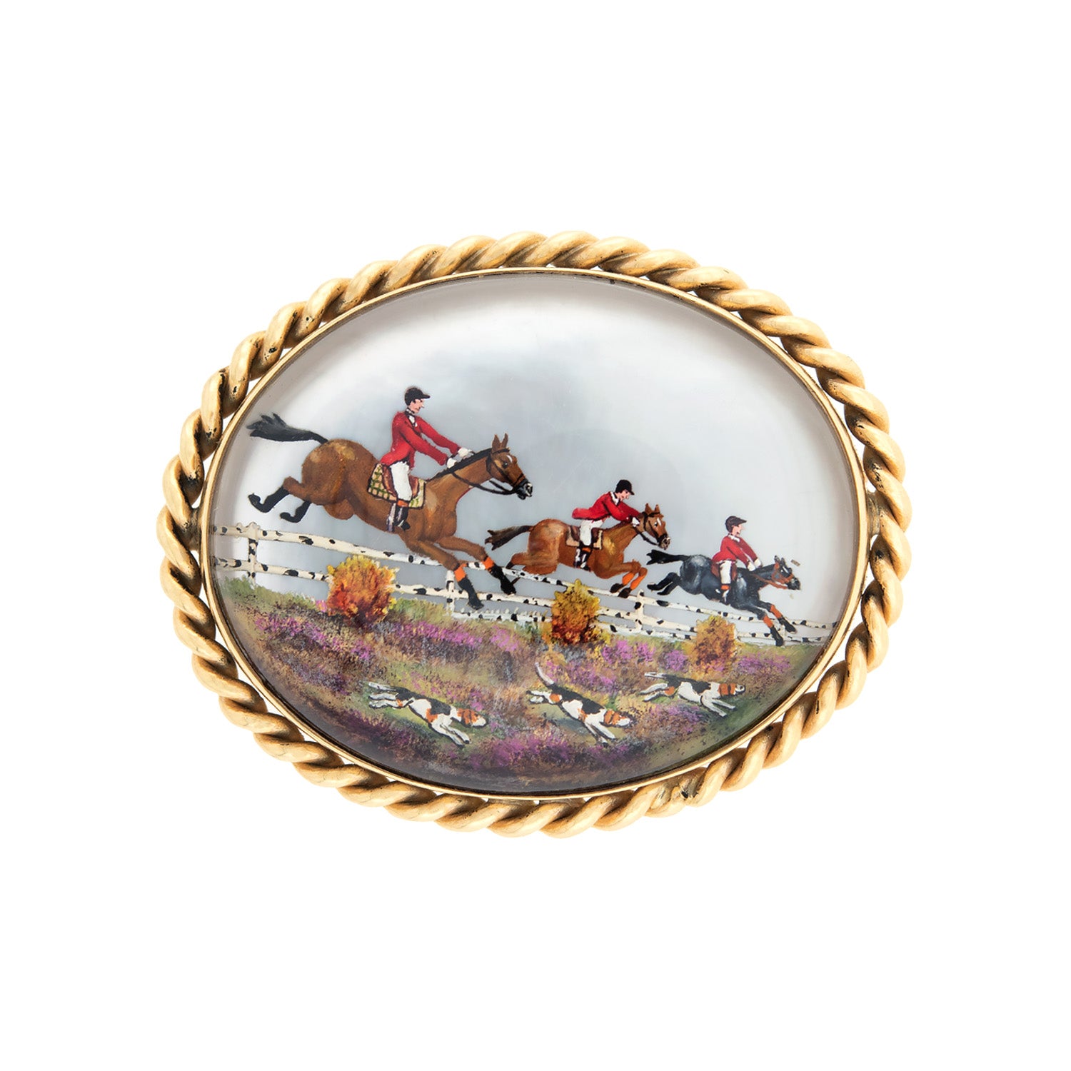Vintage 14kt Gold Reverse Carved Essex Crystal Fox Hunt Brooch Pin - Elegant Equestrian Jewelry for Fox Hunting Enthusiasts & Horse Riders