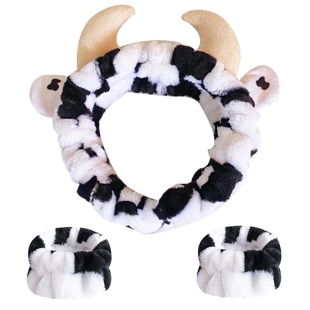 AHONEY Cow Print Fluffy Headband & Wristbands Set - Cute Cow Ears Spa Hair Band for Women, Girls & Kids - Soft Makeup & Skincare Accessories - Perfect for Facial Care, Costume Parties & Birthday Gifts