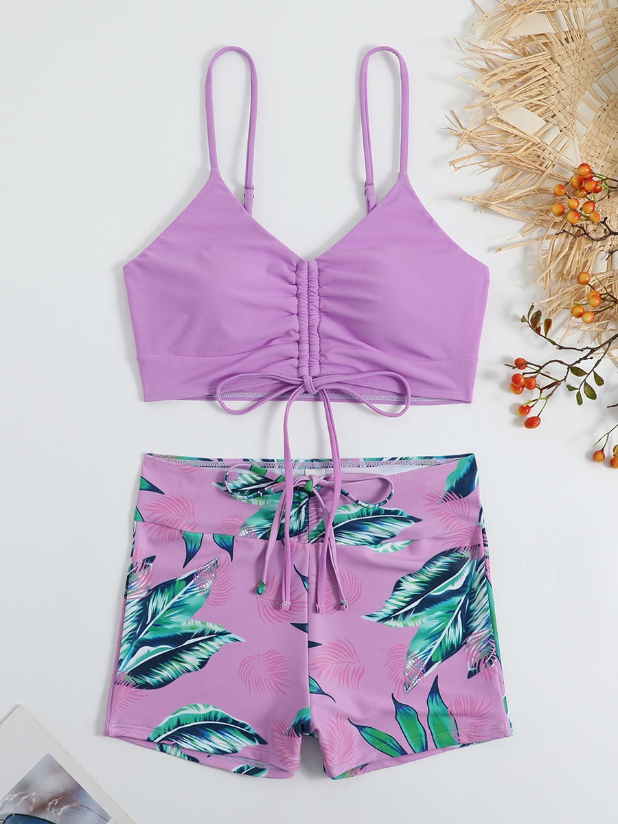 Women's Tropical Print Drawstring Bikini Swimsuit - Sexy Two Piece Bathing Suit for Beach & Pool - Perfect for Summer Vacation, Swimwear for Women