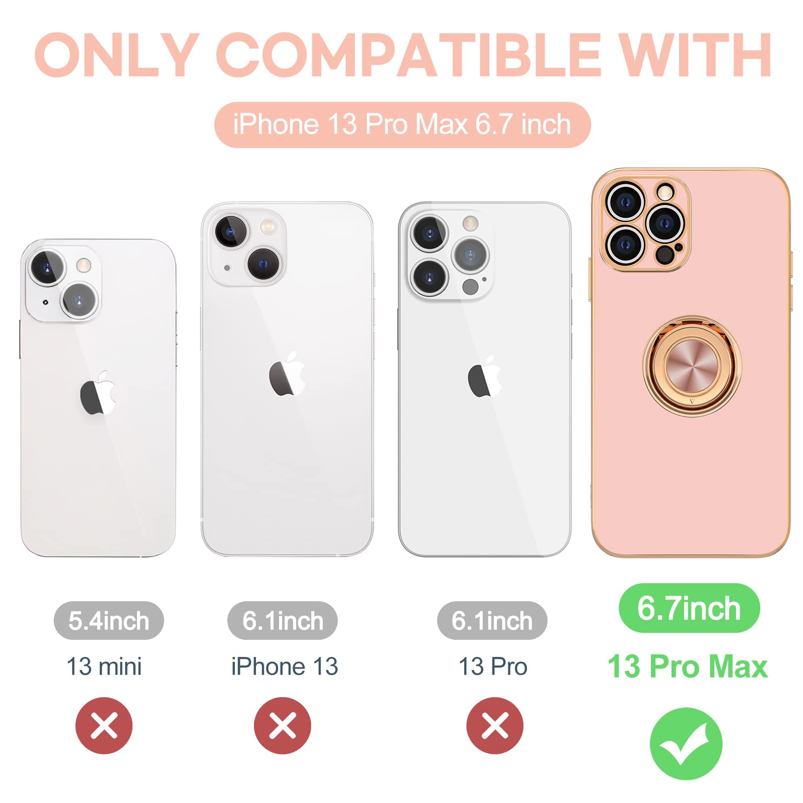 Hython Magnetic Ring Stand Case for iPhone 13 Pro Max - 360° Rotatable Kickstand, Rose Gold Plated Edge, Slim Soft TPU Protective Cover (Pink) - Perfect for Women & Girls, Ideal for Work, Travel and Hands-Free Viewing