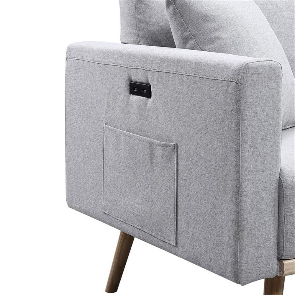 Lilola Home Easton Light Gray Linen Fabric Chair with USB Charging Ports, Side Pockets & Removable Pillows - Modern Living Room, Office, Dorm Room Seating Solution