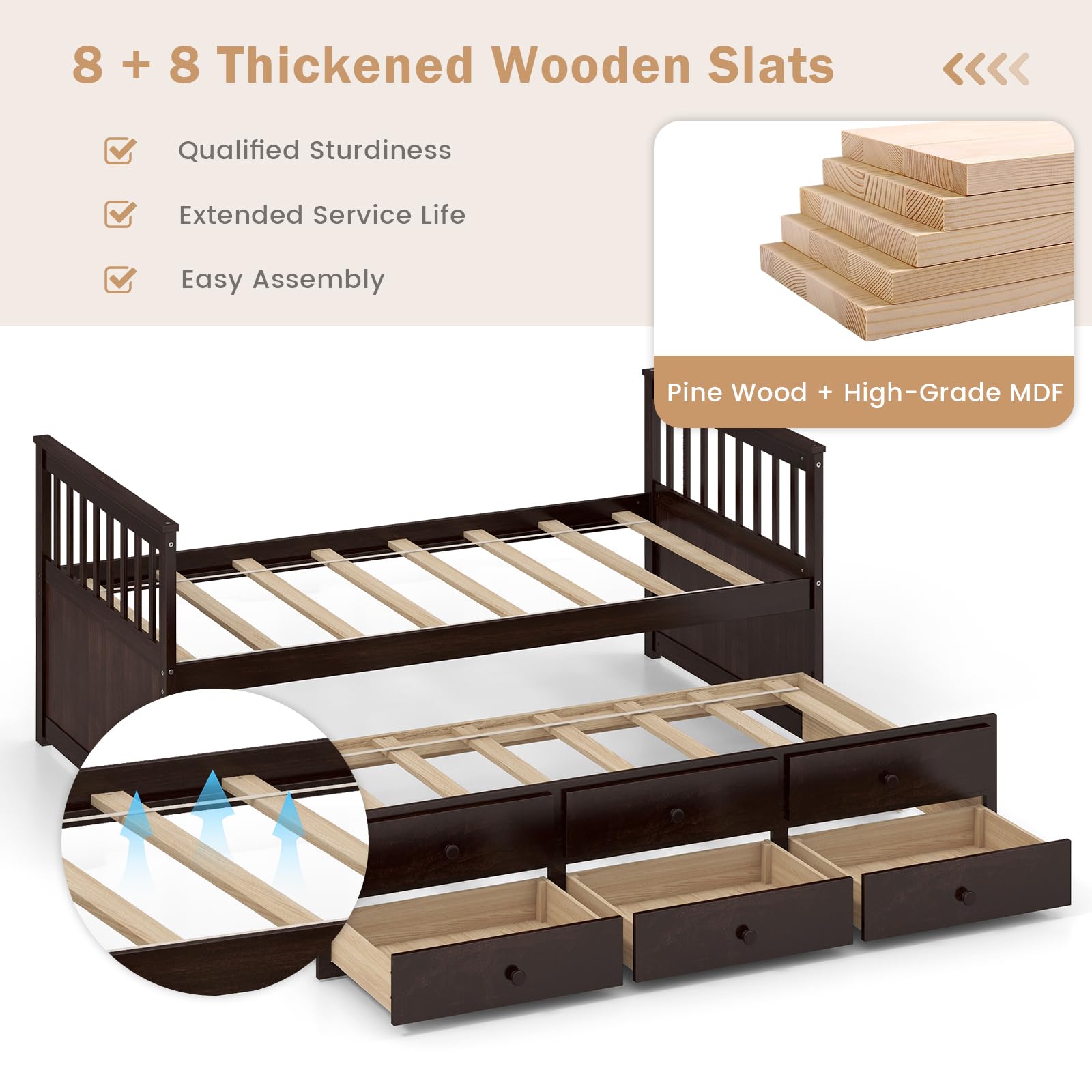 DORTALA Twin Size Trundle Bed with Storage Drawers - Wooden Daybed Frame for Boys, Girls & Adults - No Box Spring Needed - Modern Espresso Captains Bed - Perfect for Bedroom, Guest Room & Small Spaces