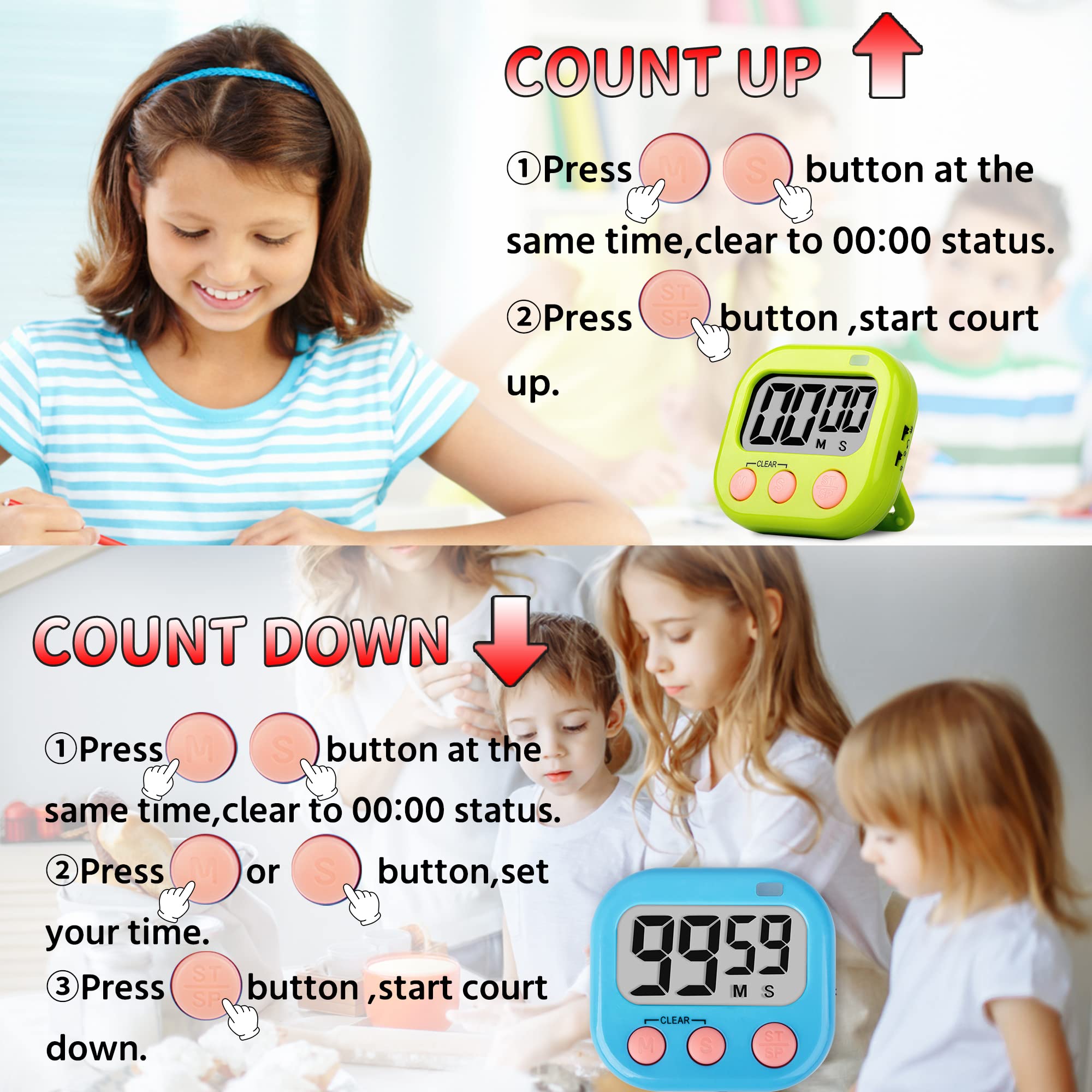 2 Pack Large Magnetic Digital Kitchen Timer for Cooking, Kids & Teachers - Blue & Green | Perfect for Classrooms, Baking, and Time Management