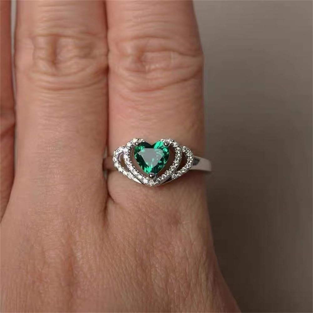 925 Sterling Silver Heart-Shaped Emerald & Cubic Zirconia Ring - Elegant CZ Eternity Wedding Band for Women (Size 9) | Perfect for Engagement, Anniversary & Romantic Occasions