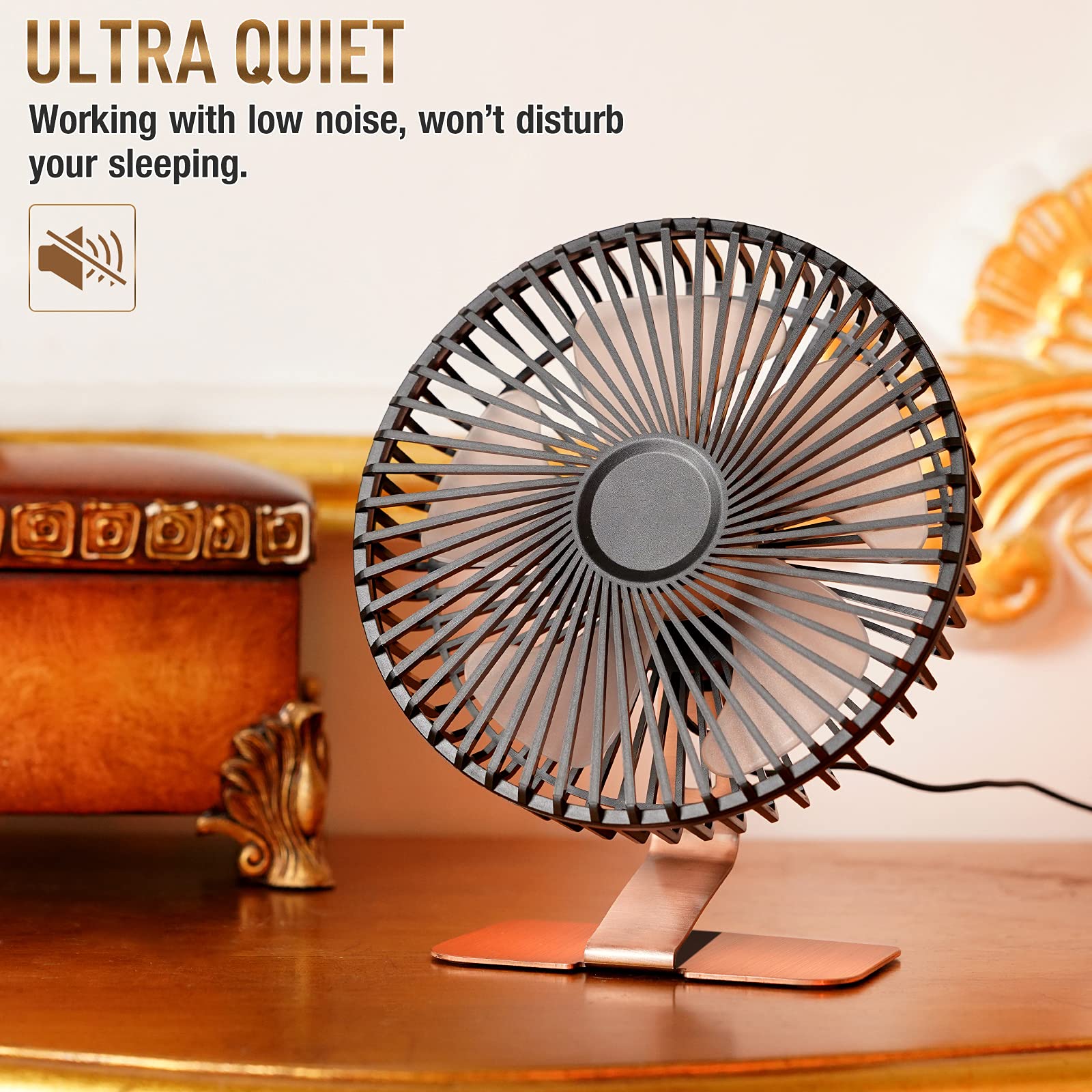 SLENPET 6 Inch USB Desk Fan with 4 Speed Settings - Ultra Quiet Personal Cooling Fan with 90° Adjustable Head & Metal Base (Bronze) - Perfect for Home Office, Dorm Room, Bedside Table & Workspace Cooling
