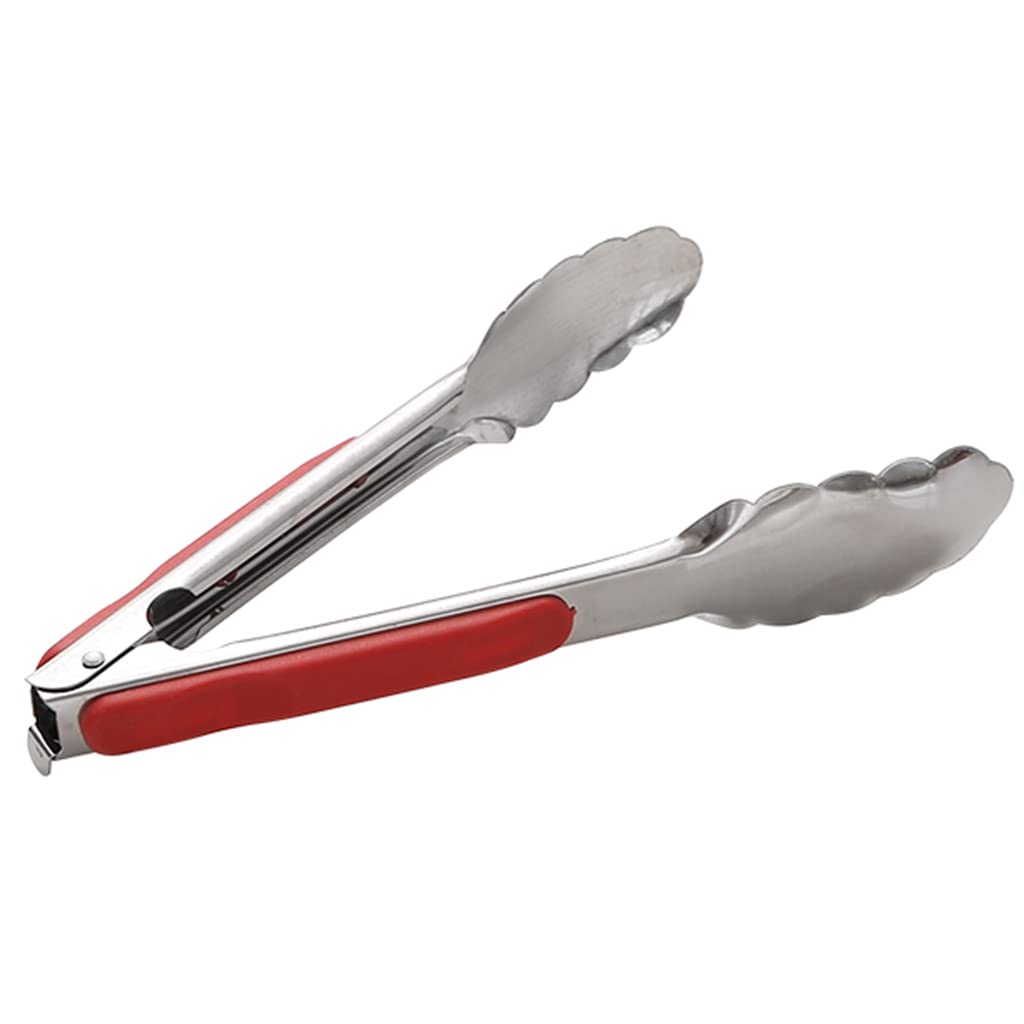 Premium Stainless Steel Kitchen Tongs with Silicone Grips - Heat Resistant BBQ Tongs for Grilling, Flipping Steak, Bread & Cooking - Retractable Lock for Secure Storage (Red) - Ideal for Outdoor BBQ, Camping & Home Kitchen Use