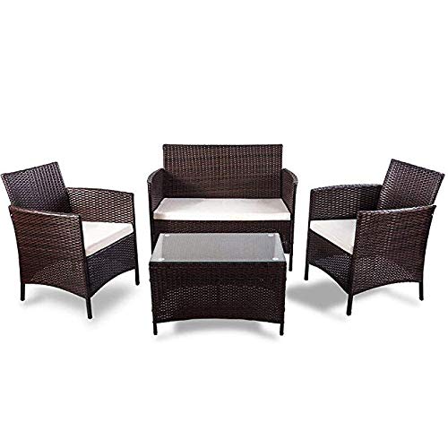 4-Piece Outdoor PE Rattan Patio Furniture Set with Cushions & Glass Coffee Table - Garden, Yard, Poolside, Backyard Sofa Seating Group for Relaxing & Entertaining