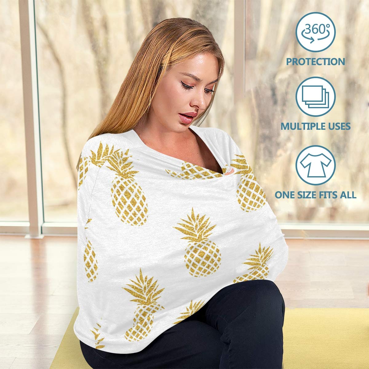 Gold Pineapple Baby Car Seat Cover - Soft, Breathable & Stretchy Nursing Cover for Breastfeeding - Universal Infant Stroller Cover for Boys & Girls - Perfect for Car Travel, Stroller Walks & Nursing in Public