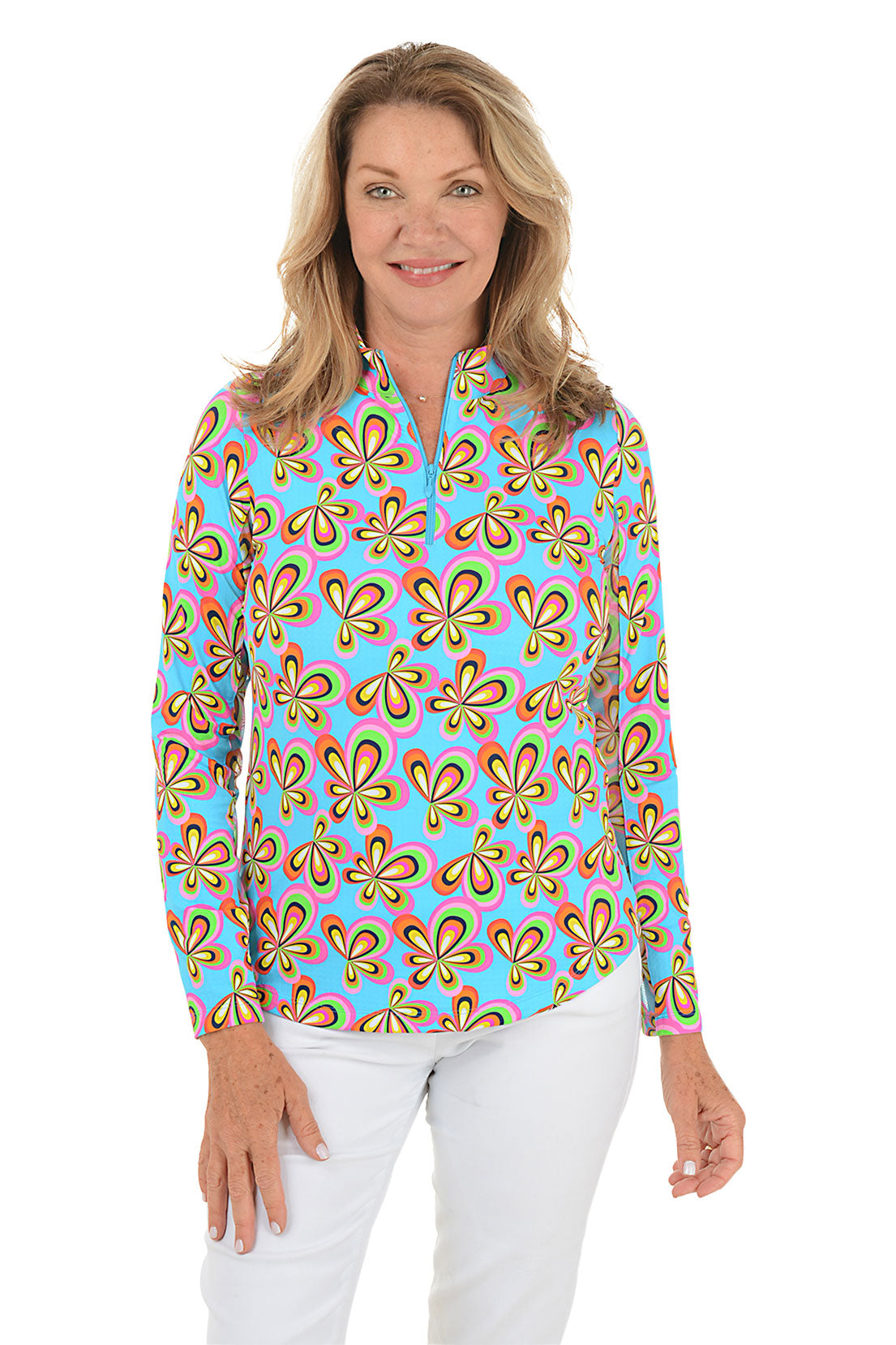 Turquoise Arya Flower UPF50+ Sun Protection Shirt for Women - Lightweight Long Sleeve UV Shirt for Beach, Hiking & Outdoor Activities