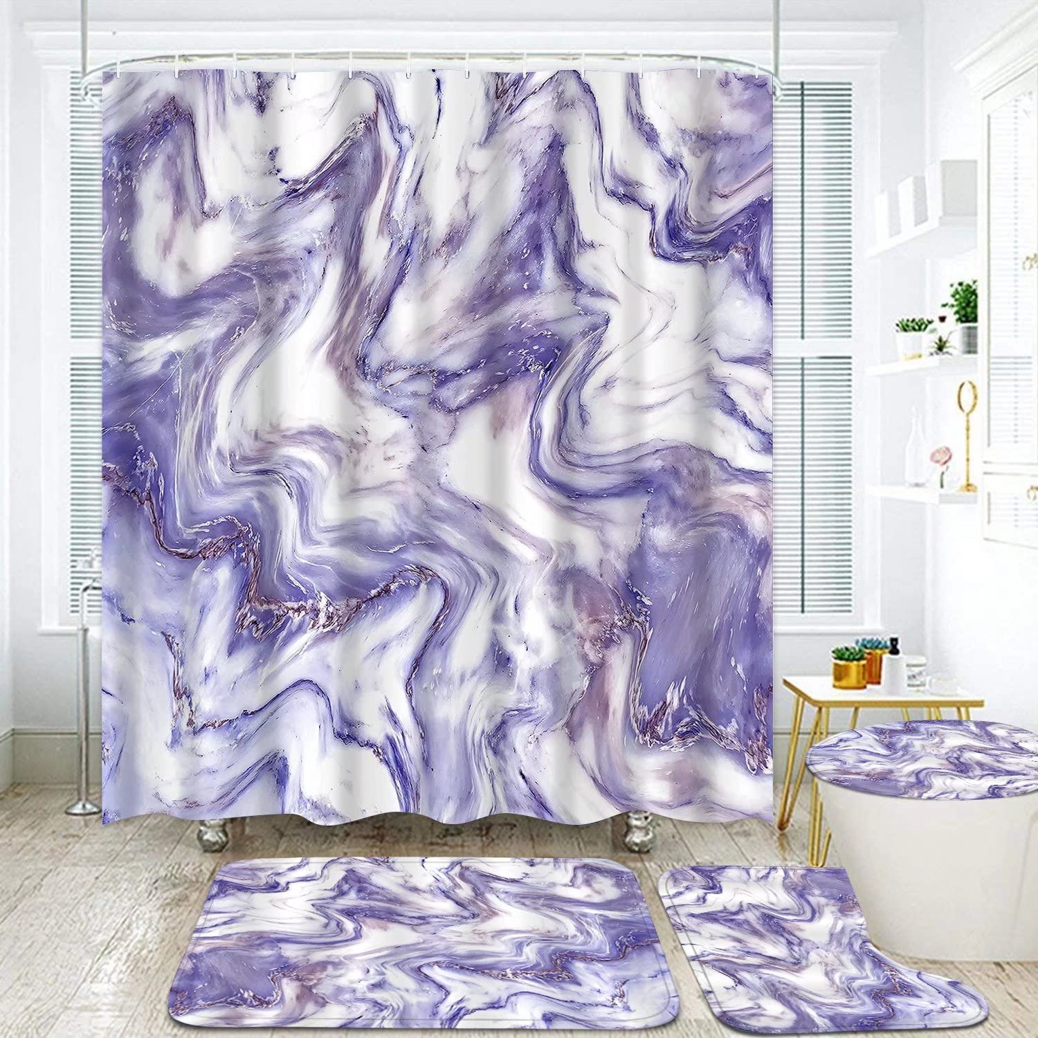 DDQQ Marble Shower Curtain Set with 12 Hooks - Abstract Purple Marble Bathroom Decor with Matching Rugs & Accessories | Waterproof & Mold Resistant for Modern Bathroom, Spa, and Guest Bath Decor