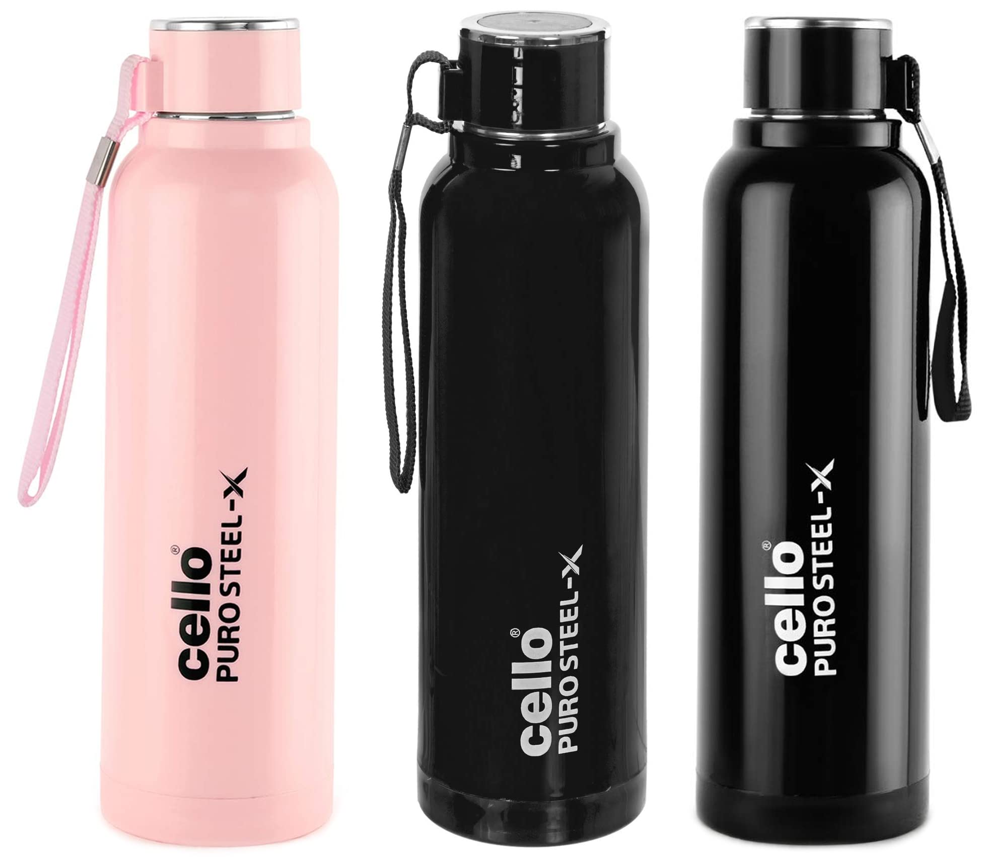 Cello Puro 900ml Stainless Steel Inner & Plastic Outer Water Bottle - Black & Pink - Leakproof, BPA Free for Gym, Hiking, Office & Travel