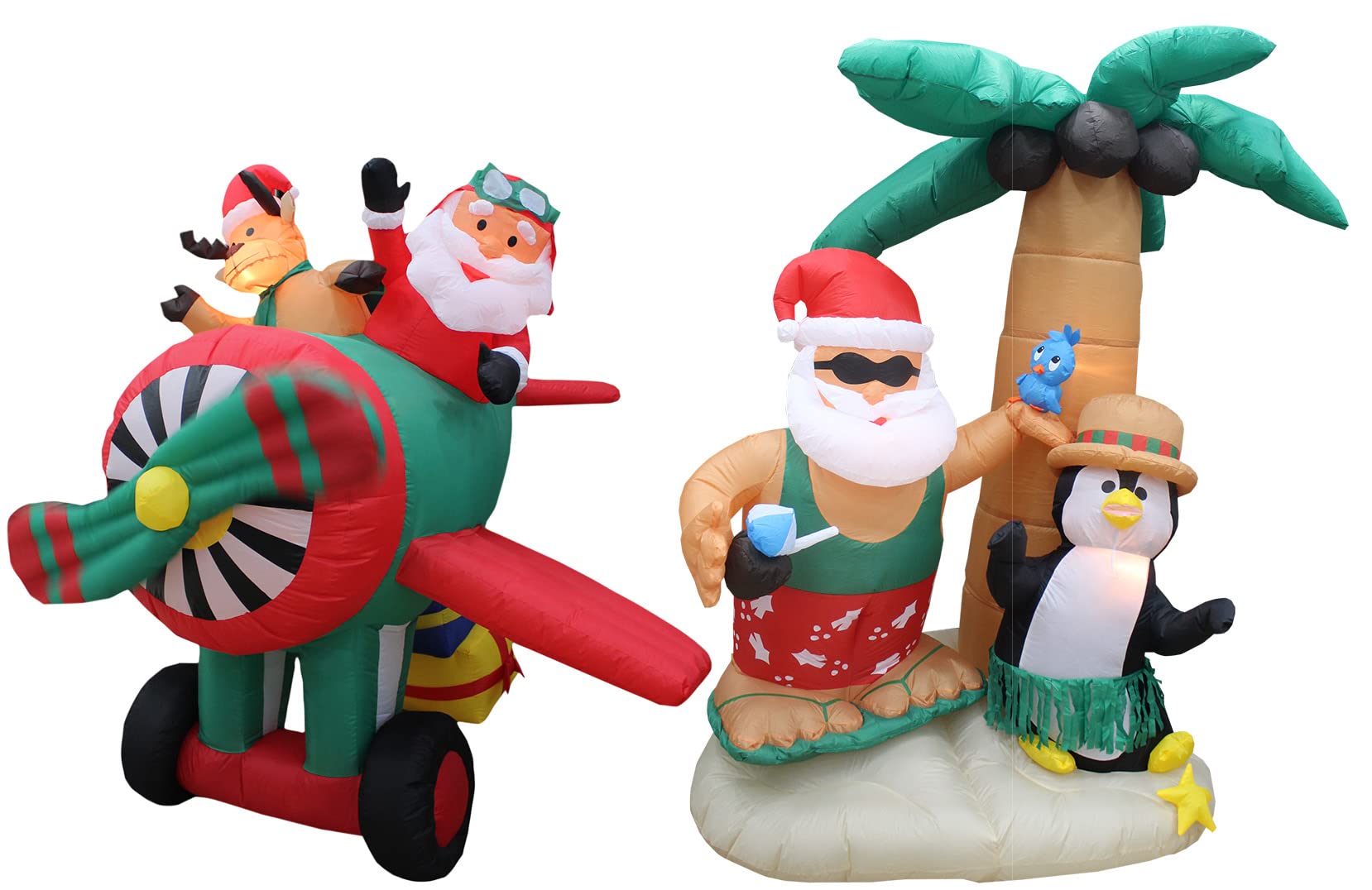 6ft Animated Santa & Reindeer Airplane + 7ft Santa & Penguin with Palm Tree Christmas Decorations Set - Perfect for Indoor/Outdoor Holiday Parties, Home Decor, and Festive Office Celebrations