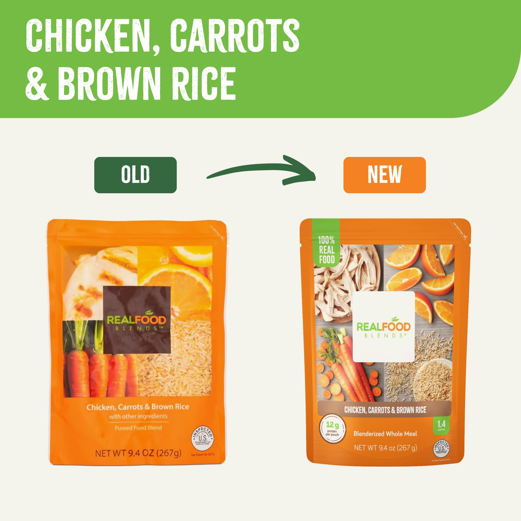 Real Food Blends Chicken, Carrots & Brown Rice Puree - High Protein Tube Feeding Meals with Vegetables & Fruits - 340 Calorie Nutrient-Rich Pureed Food for Adults & Seniors - Easy Lunch & Dinner Solution - 9.4 oz (Pack of 12) - Ideal for Home Care, Hospitals & Recovery Meals