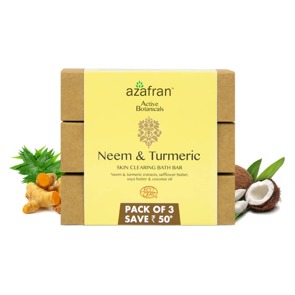 Organic Neem & Turmeric Soap Bar for Acne & Clear Skin - Handmade Deep Cleansing Face & Body Soap with Safflower, Soy Butter & Coconut Oil - All Skin Types - 100g (Pack of 3) - Perfect for Daily Skincare Routine & Sensitive Skin Care